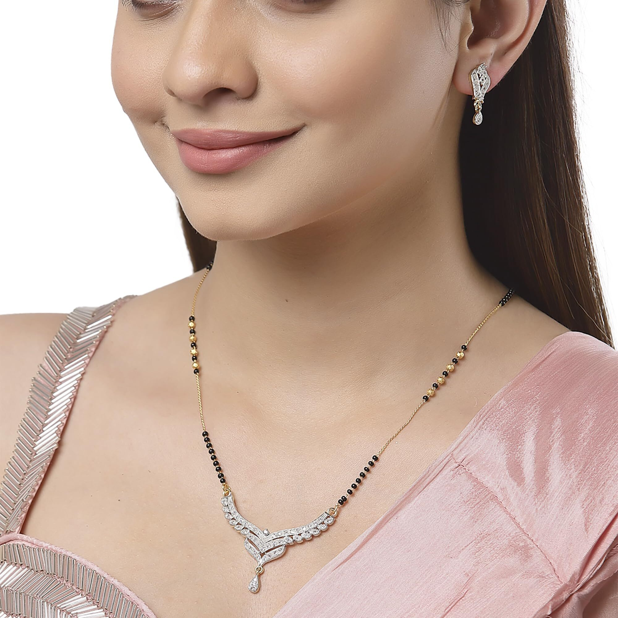ZENEME Mangalsutra Gold Plated American Diamond Studded Tanmaniya Nallapusalu With Earrings Jewellery For Women (Style 8)