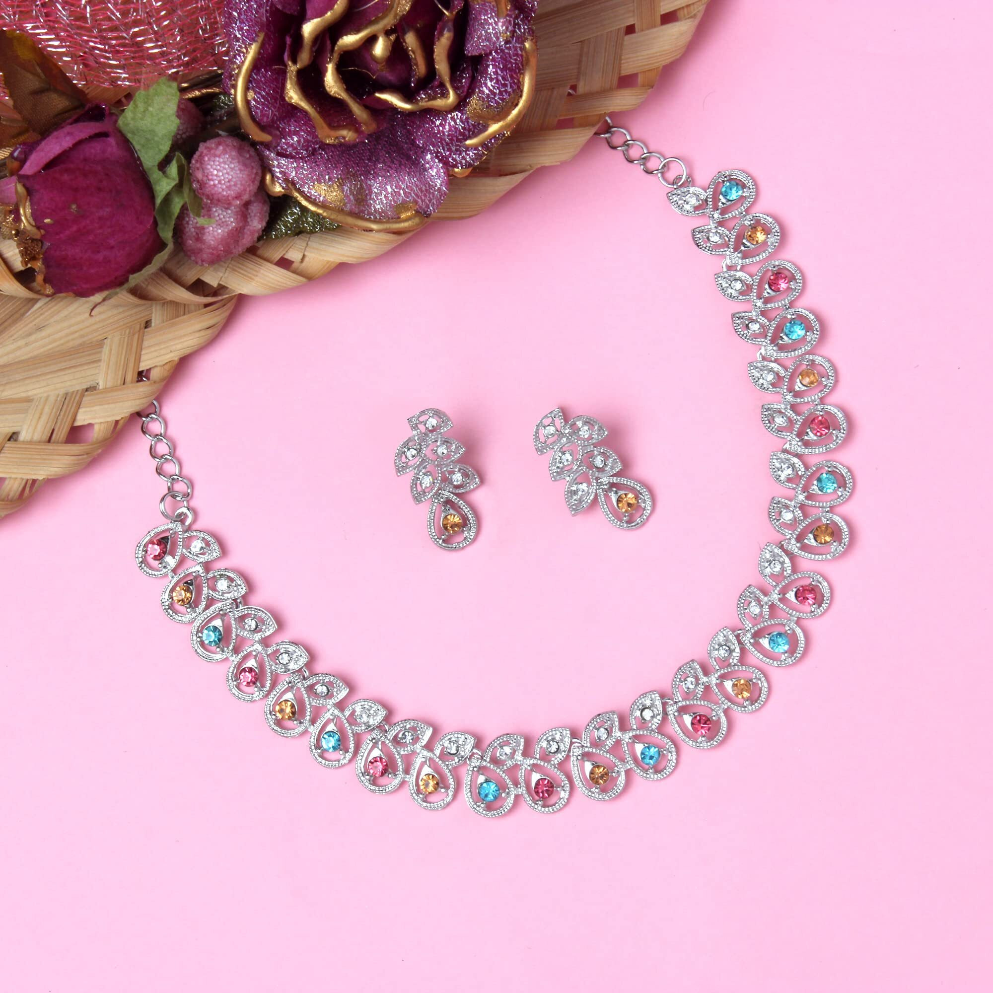 Atasi International Silver Plated Womens Necklace Set | Jewellery Set With Earrings | RML5747