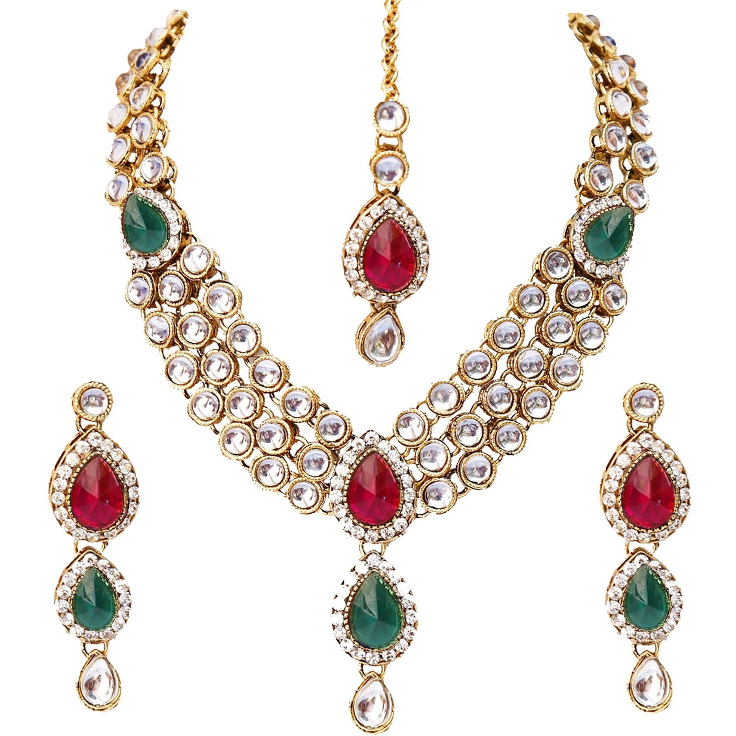 Lucky Jewellery Traditional Magenta Green Color Gold Plated Kundan Necklace Set For Girls & Women (MSK-3-LINE-RG)
