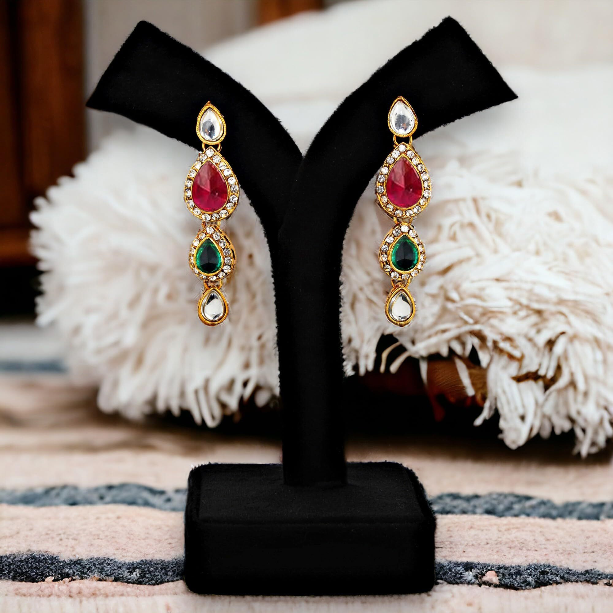 Lucky Jewellery Traditional Magenta Green Color Gold Plated Kundan Necklace Set For Girls & Women (MSK-3-LINE-RG)