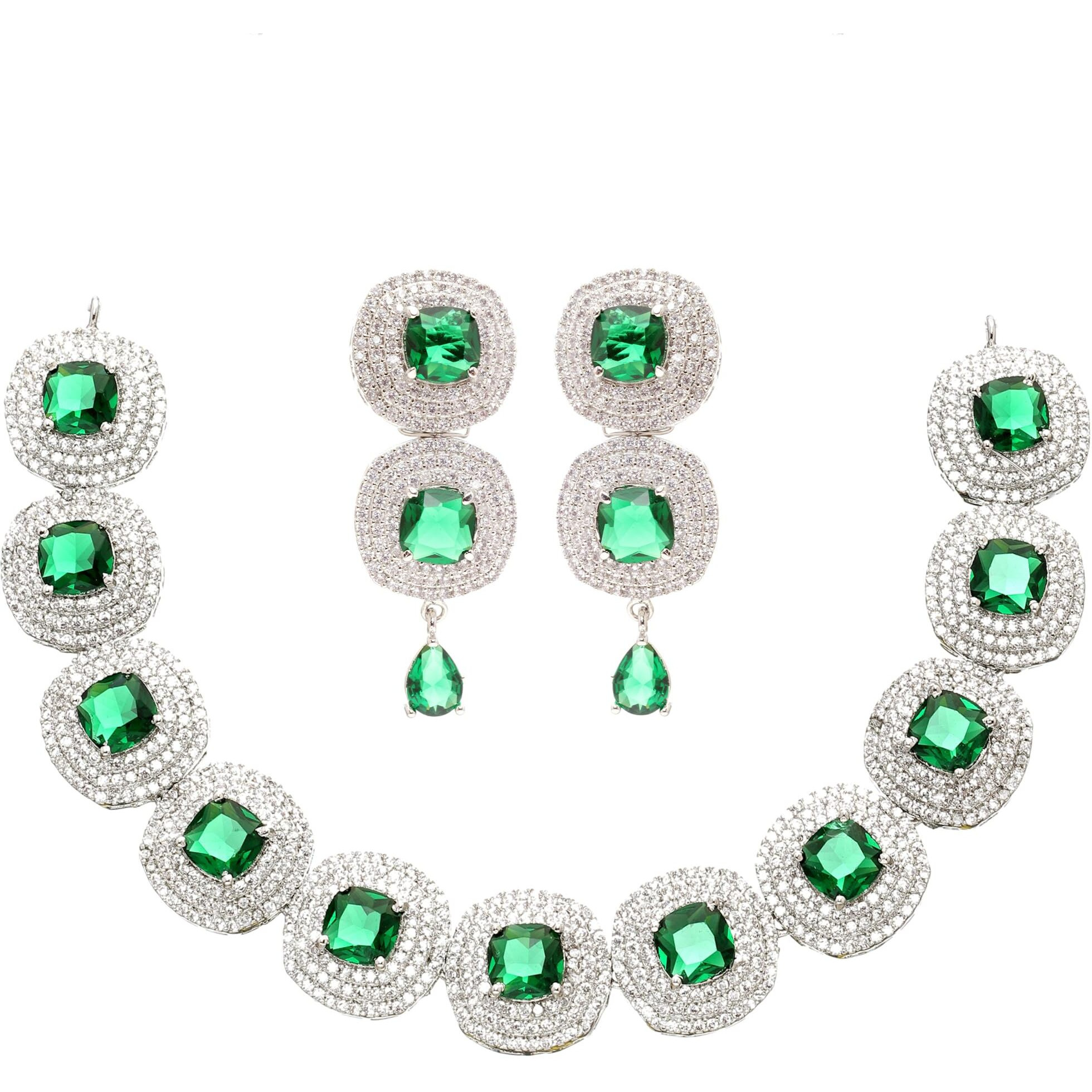 ZENEME Rhodium Plated Silver Toned Triangular Shaped American Diamond Studded Jewellery Set For Women and Girl (Green_Design_02)
