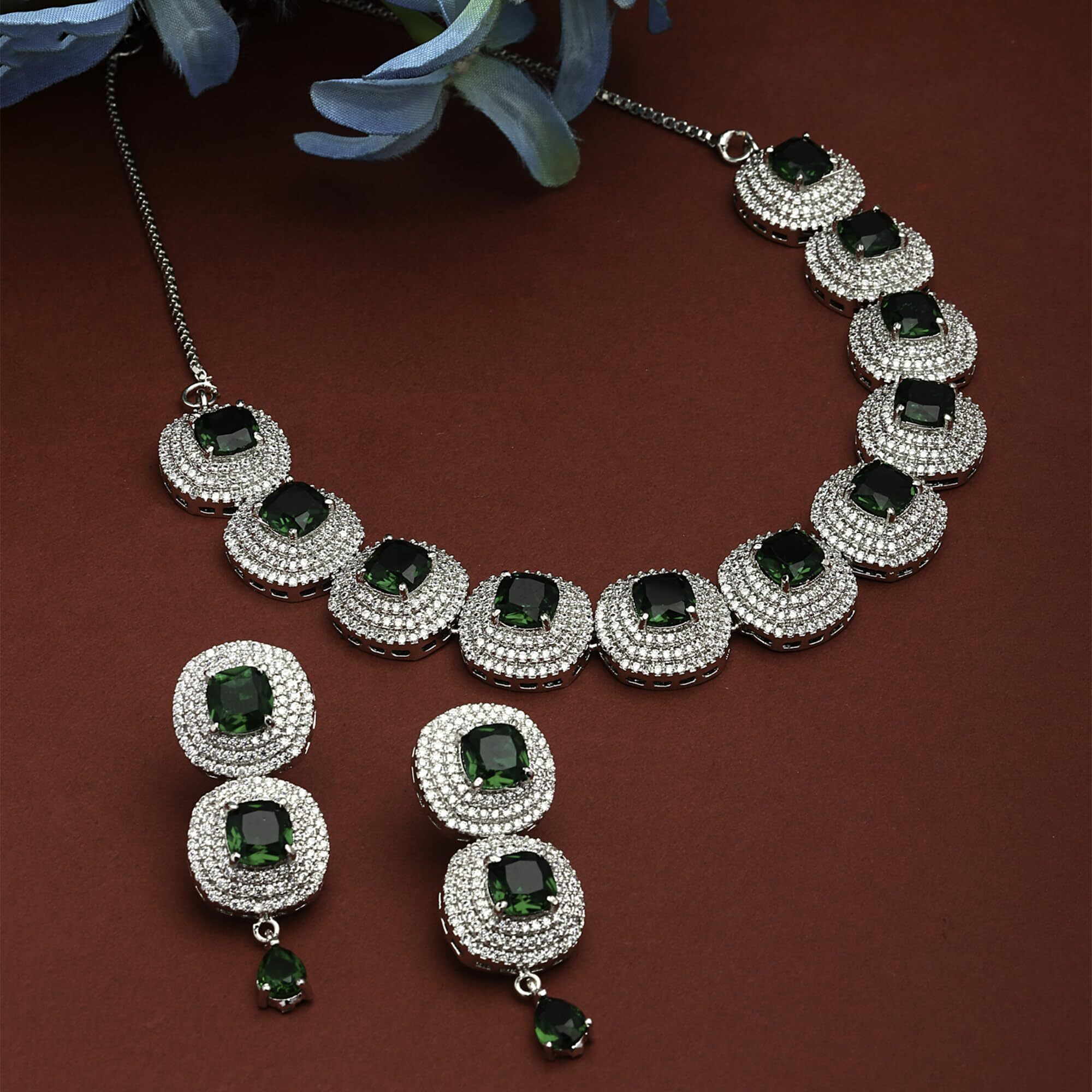 ZENEME Rhodium Plated Silver Toned Triangular Shaped American Diamond Studded Jewellery Set For Women and Girl (Green_Design_02)
