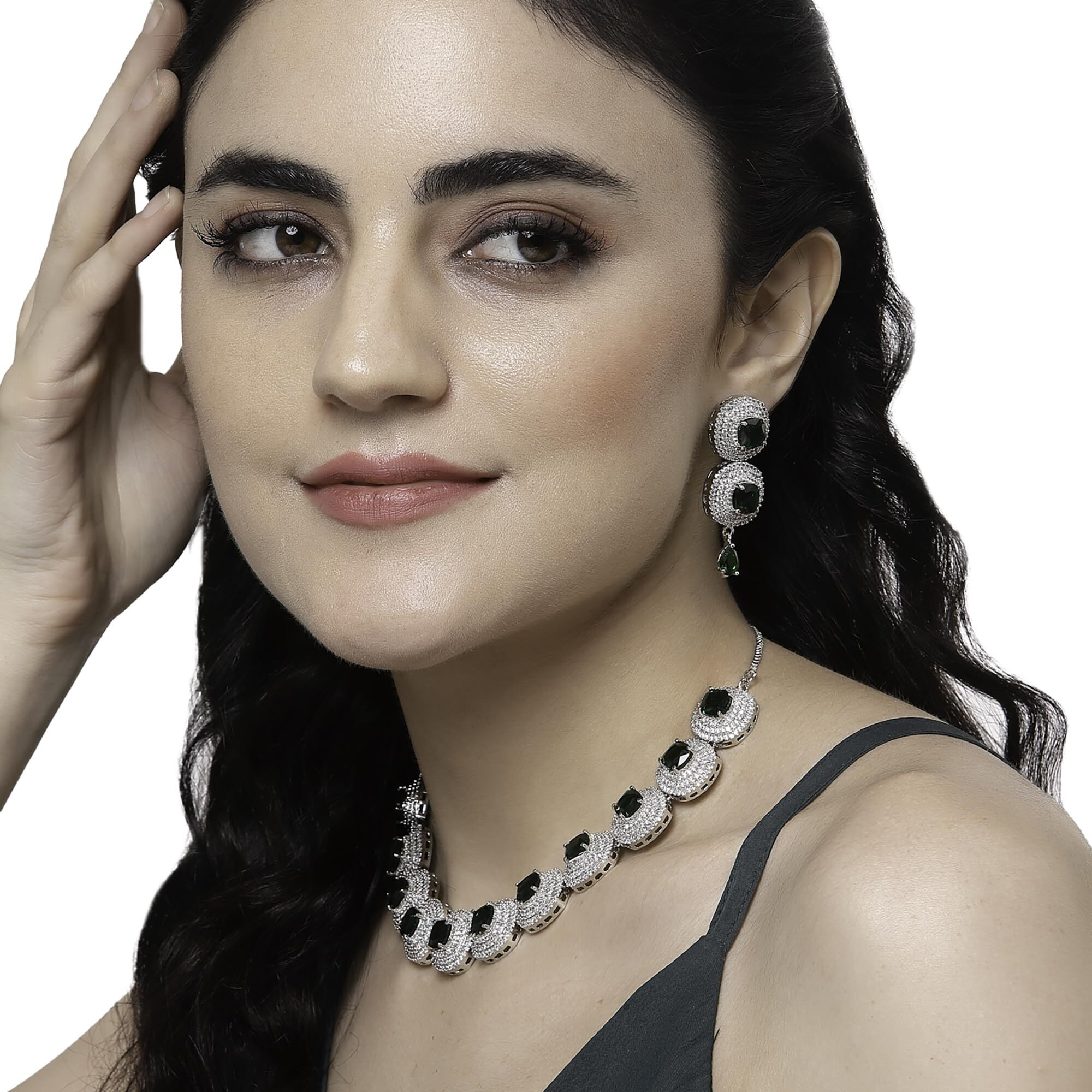 ZENEME Rhodium Plated Silver Toned Triangular Shaped American Diamond Studded Jewellery Set For Women and Girl (Green_Design_02)