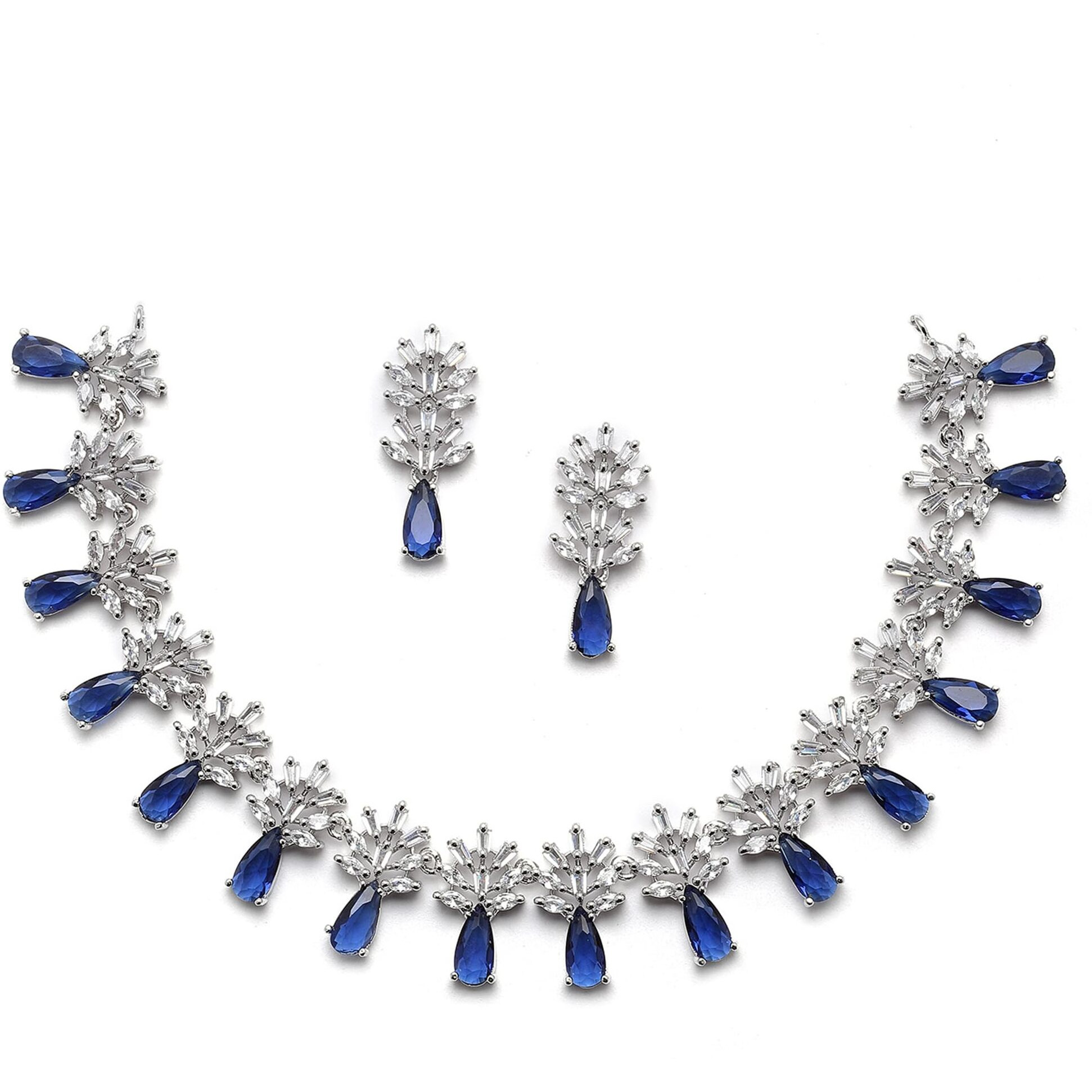 ZENEME Rhodium-Plated Silver Toned Teardrop Shaped American Diamond Studded Necklace Earrings Jewellery Set for Girls and Women (Blue)