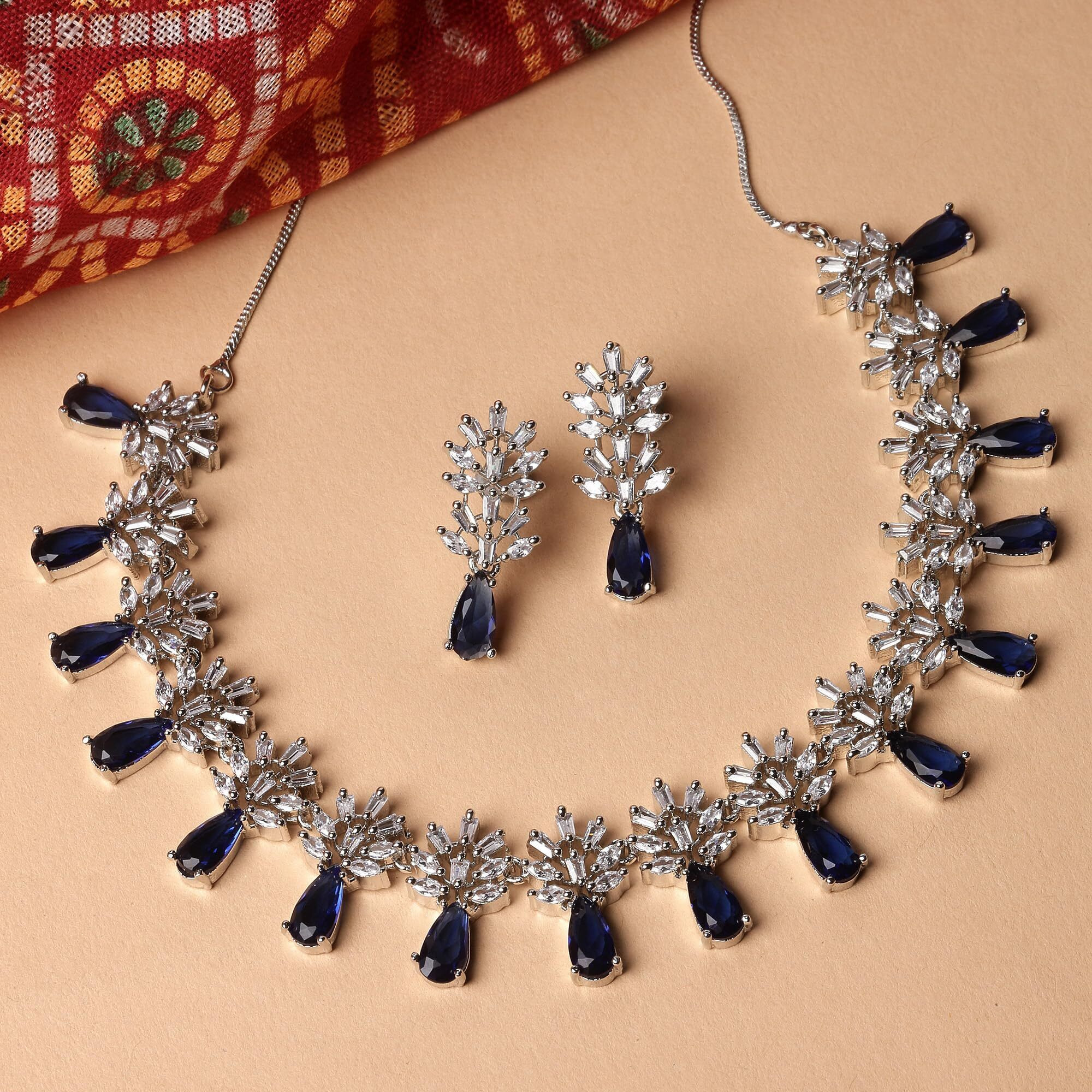ZENEME Rhodium-Plated Silver Toned Teardrop Shaped American Diamond Studded Necklace Earrings Jewellery Set for Girls and Women (Blue)