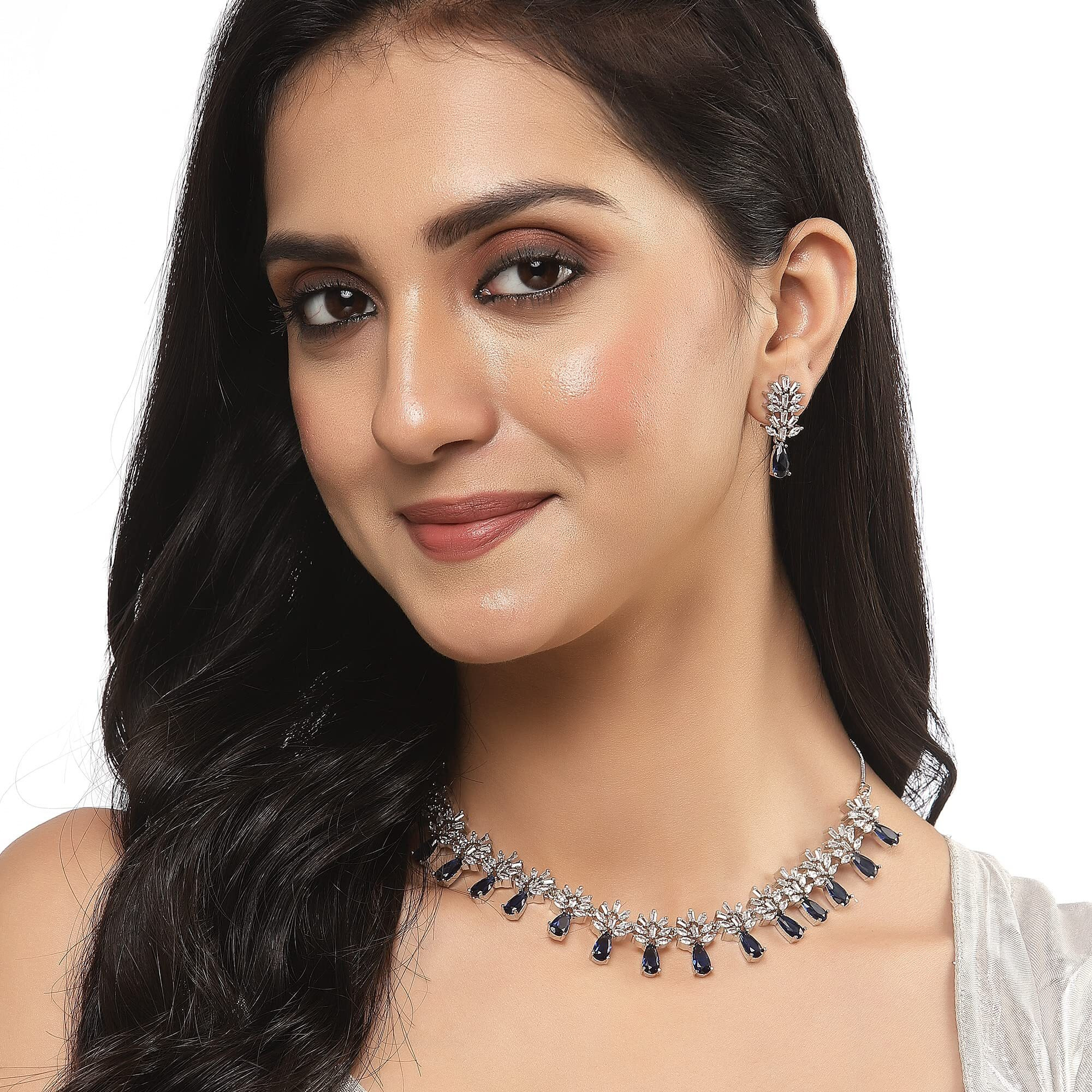 ZENEME Rhodium-Plated Silver Toned Teardrop Shaped American Diamond Studded Necklace Earrings Jewellery Set for Girls and Women (Blue)
