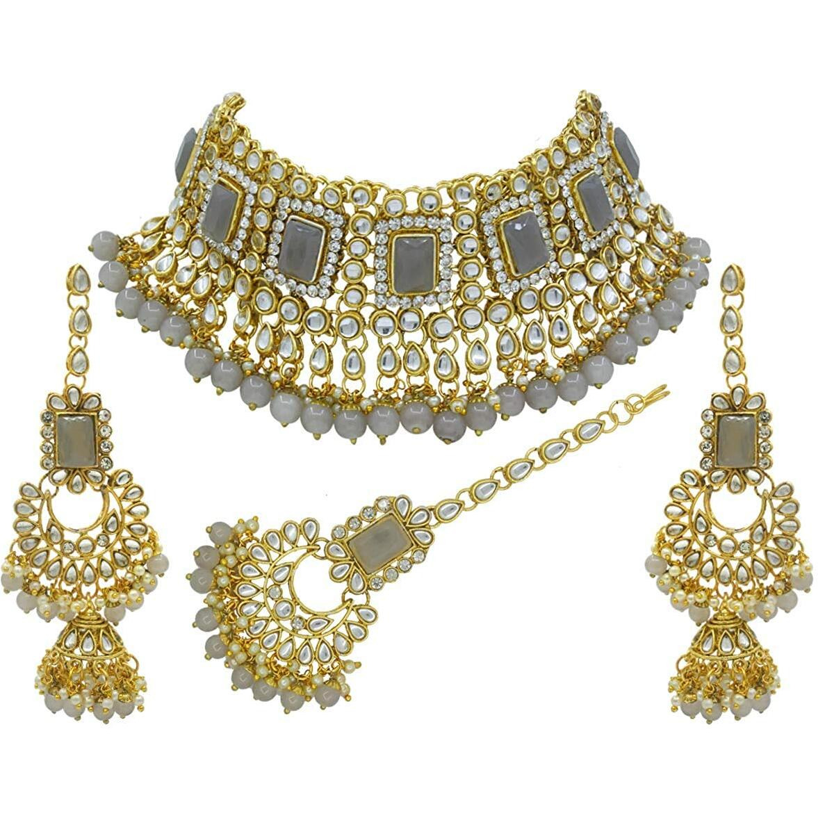 I Jewels 18K Gold Plated Traditional Handcrafted Faux Kundan & Pearl Studded Bridal Choker Necklace Jewellery Set with Earrings & Maang Tikka (IJ401Gr) For Womens