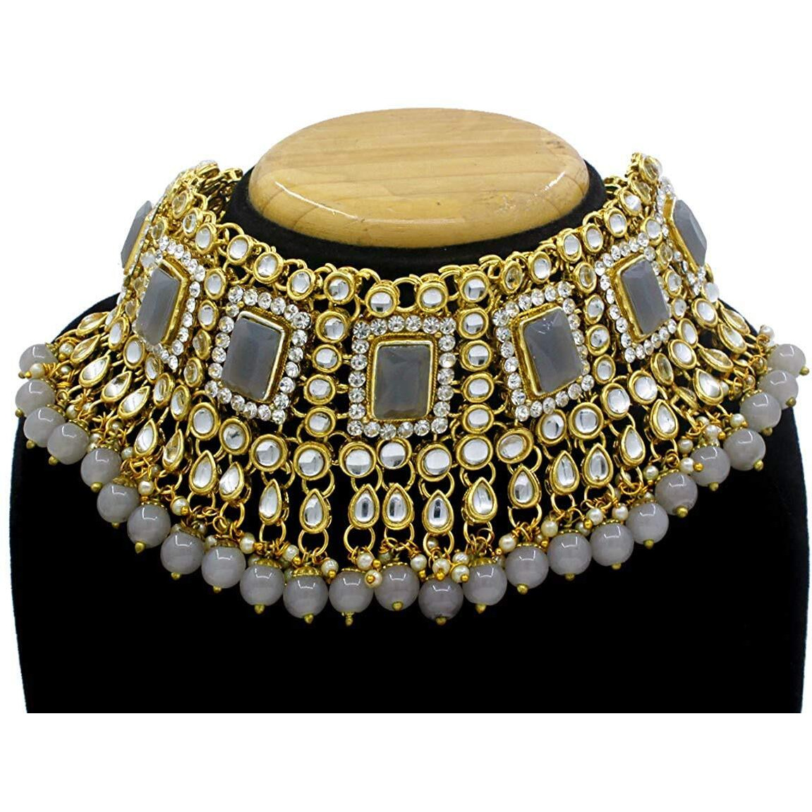 I Jewels 18K Gold Plated Traditional Handcrafted Faux Kundan & Pearl Studded Bridal Choker Necklace Jewellery Set with Earrings & Maang Tikka (IJ401Gr) For Womens