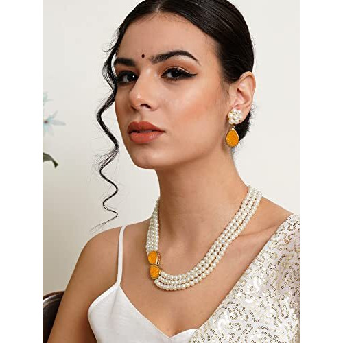 Karatcart Yellow Stone Studded Pearl Kundan Necklace Set for Women