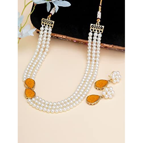 Karatcart Yellow Stone Studded Pearl Kundan Necklace Set for Women