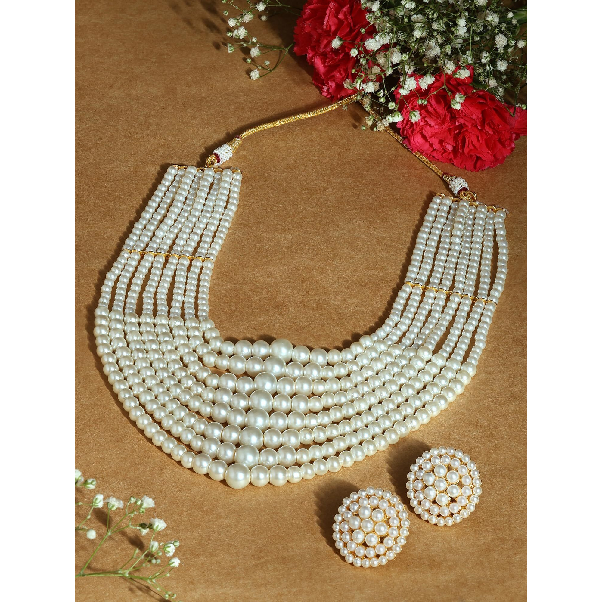 ZAVERI PEARLS White Pearls Beaded Multistrand Statement Choker Necklace & Earring Set For Women-ZPFK17227