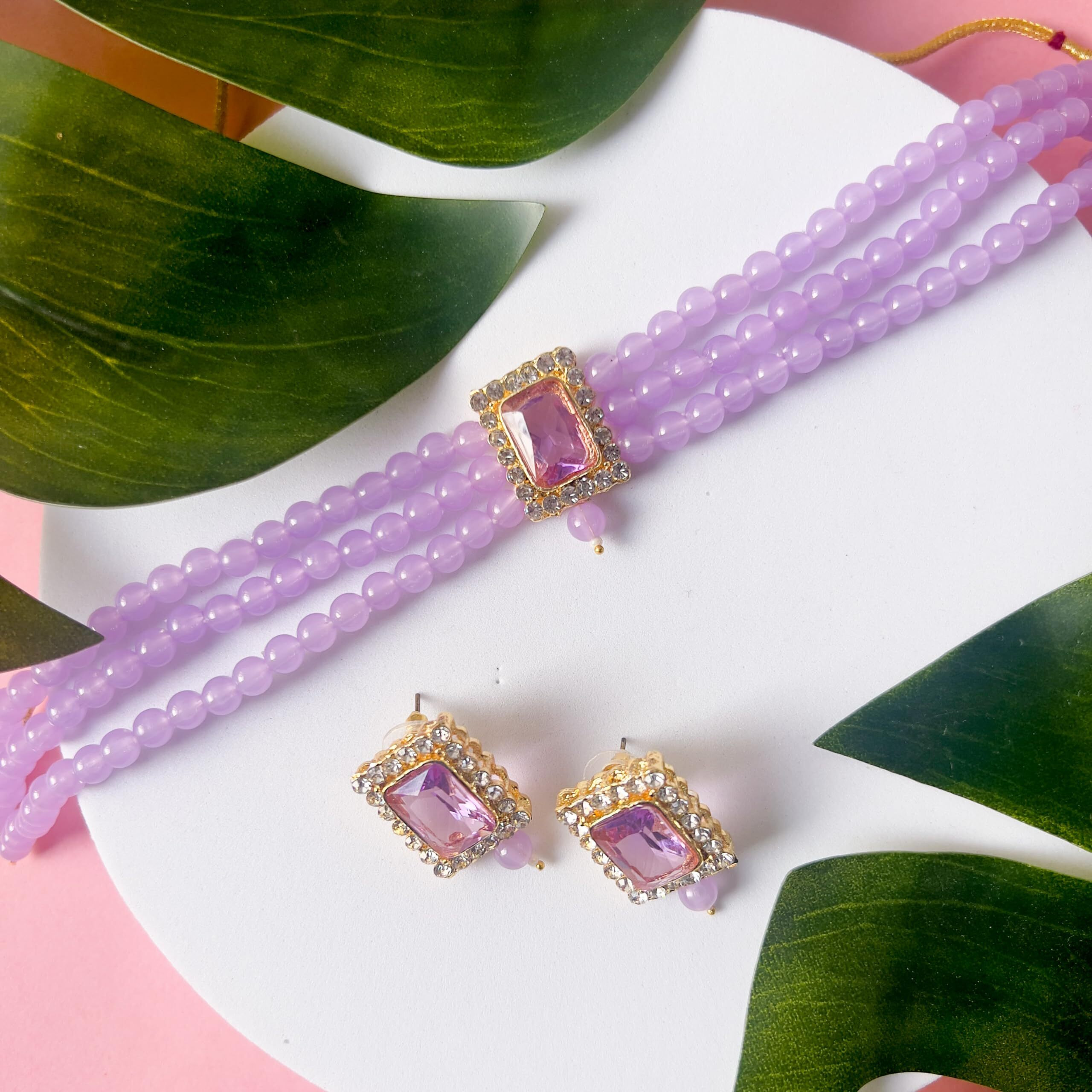 I Jewels Gold Plated Traditional Stone Pearl Choker Necklace Jewellery Set For Women/Girls (ML237PuPu)