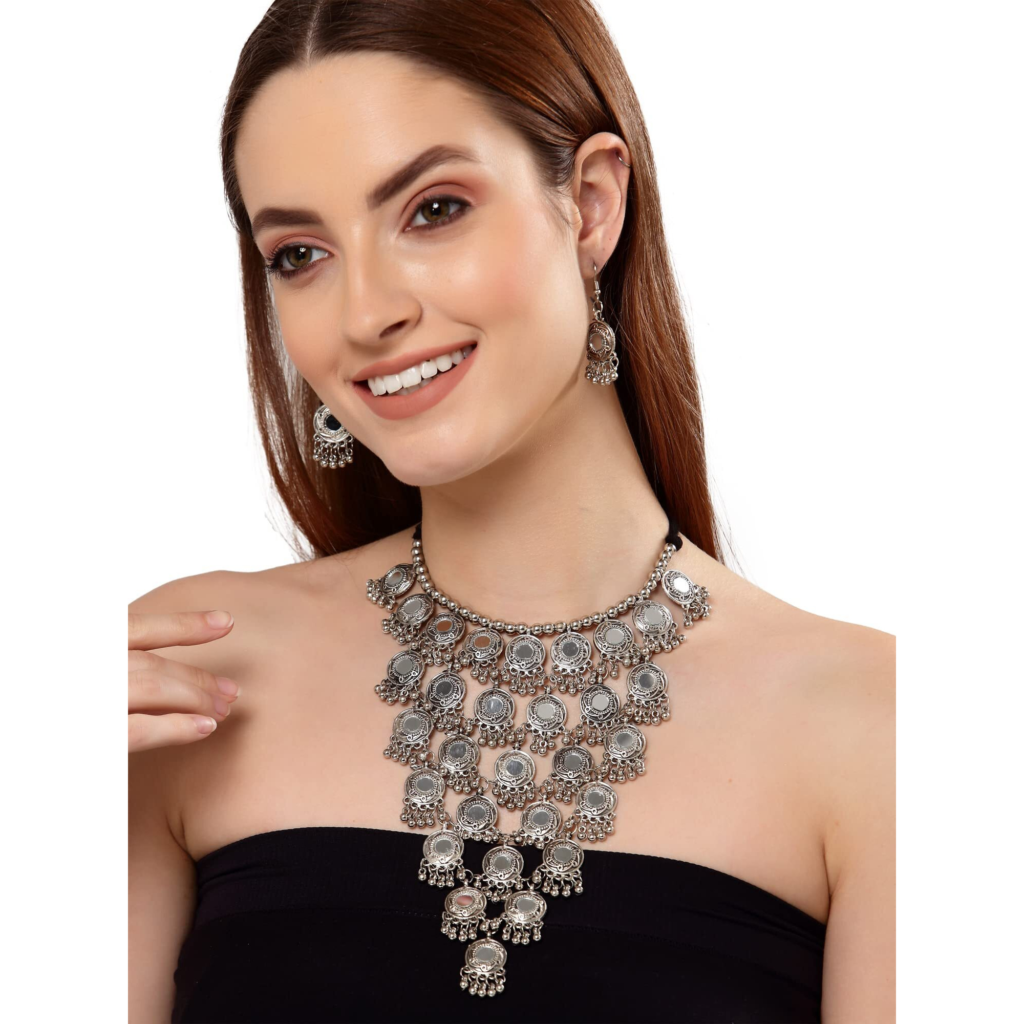 Shining Diva Fashion Latest Stylish Traditional Oxidised Silver Necklace Jewellery Set for Women (13115s)
