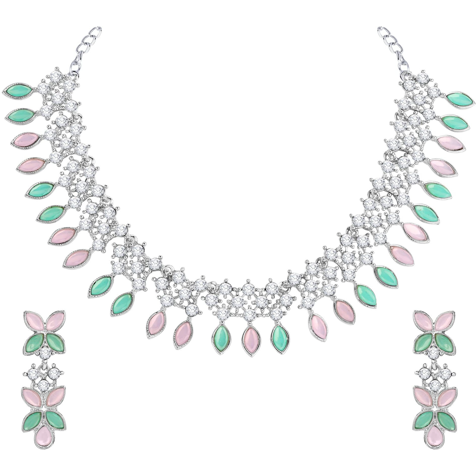 Atasi International Silver Plated Mint Pink & Green Crystals AD Diamond Jewellery Necklace Set for Women (RPG5775)