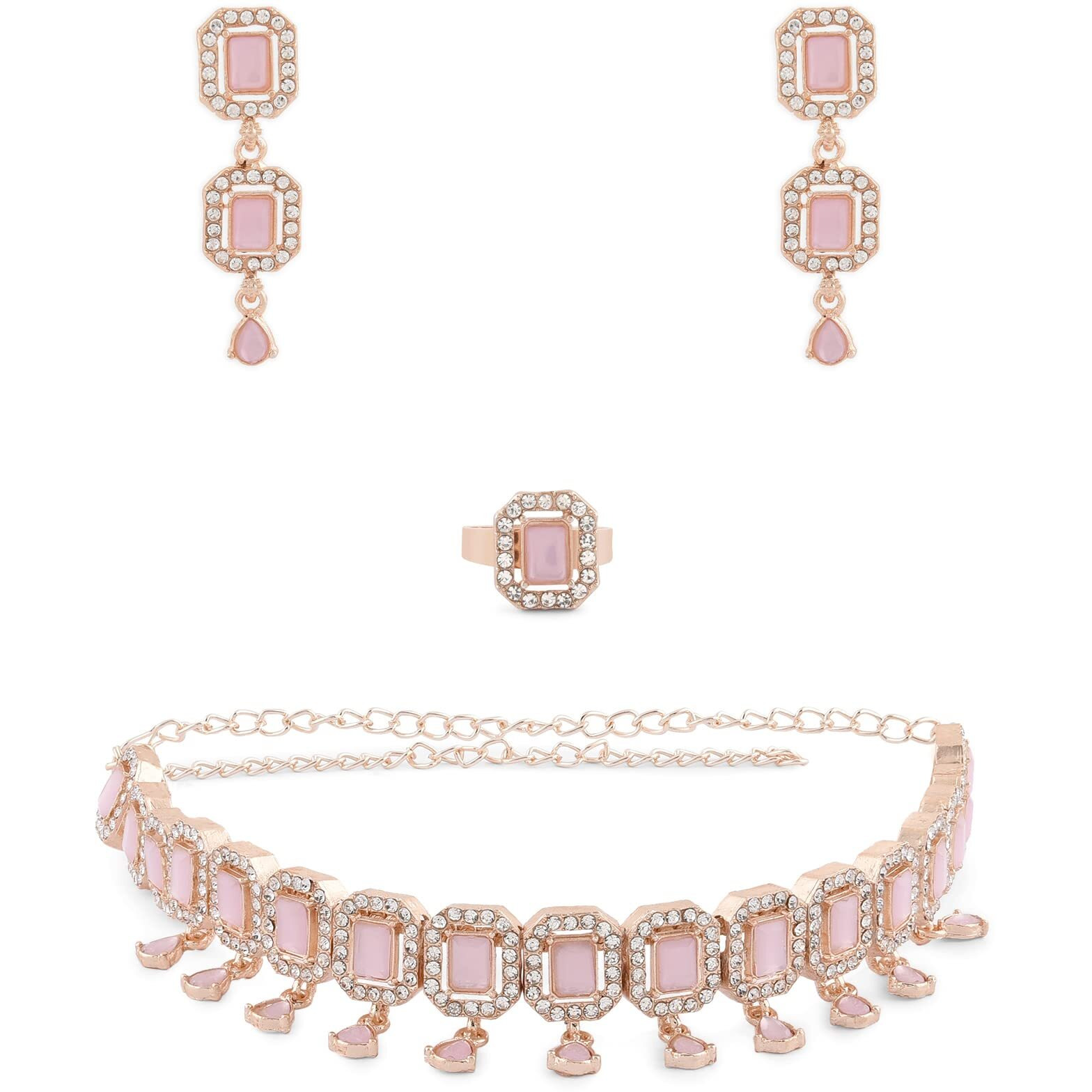 ZAVERI PEARLS Pink Dazzling Stones Sleek Choker Necklace Earring & Ring Set For Women-ZPFK15144