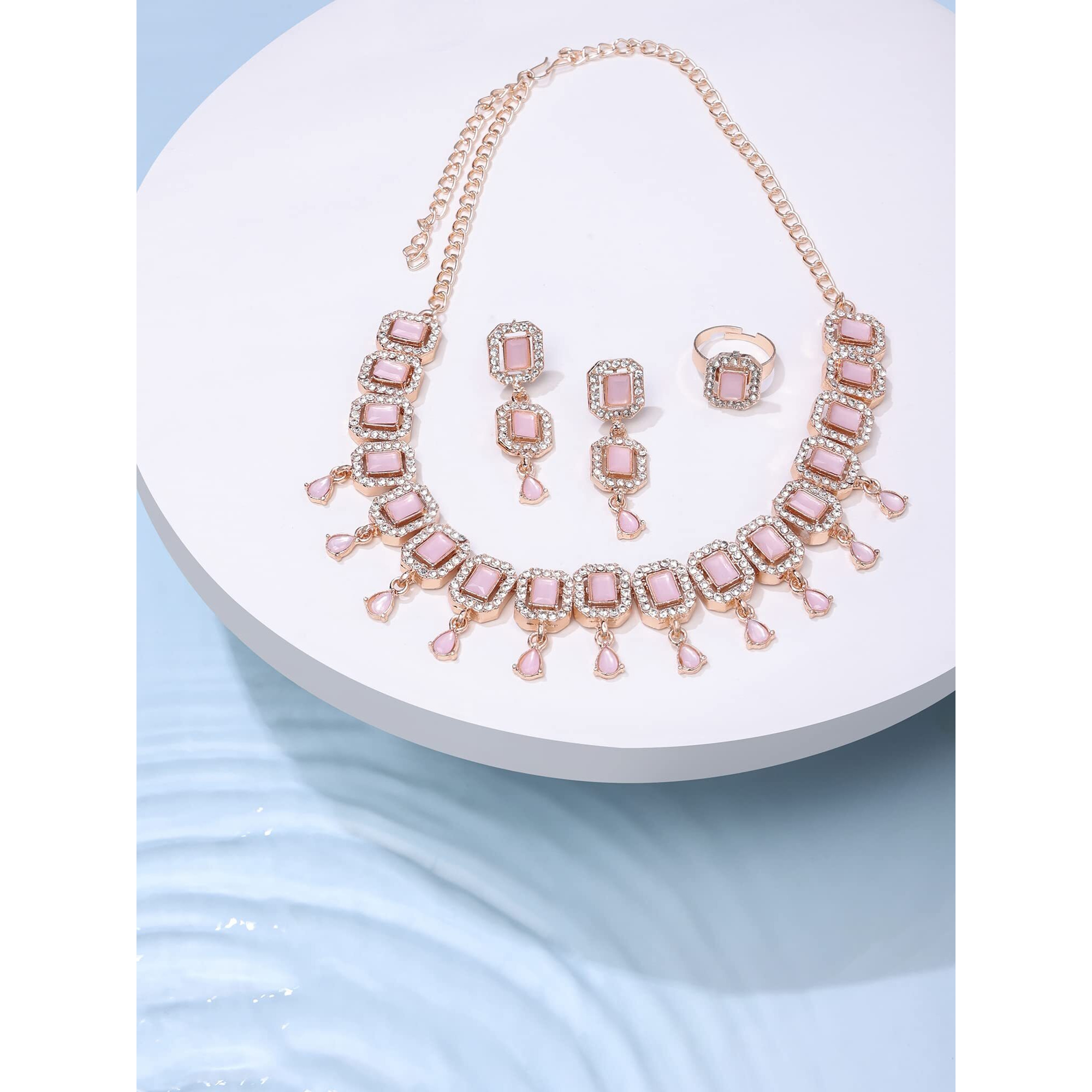ZAVERI PEARLS Pink Dazzling Stones Sleek Choker Necklace Earring & Ring Set For Women-ZPFK15144