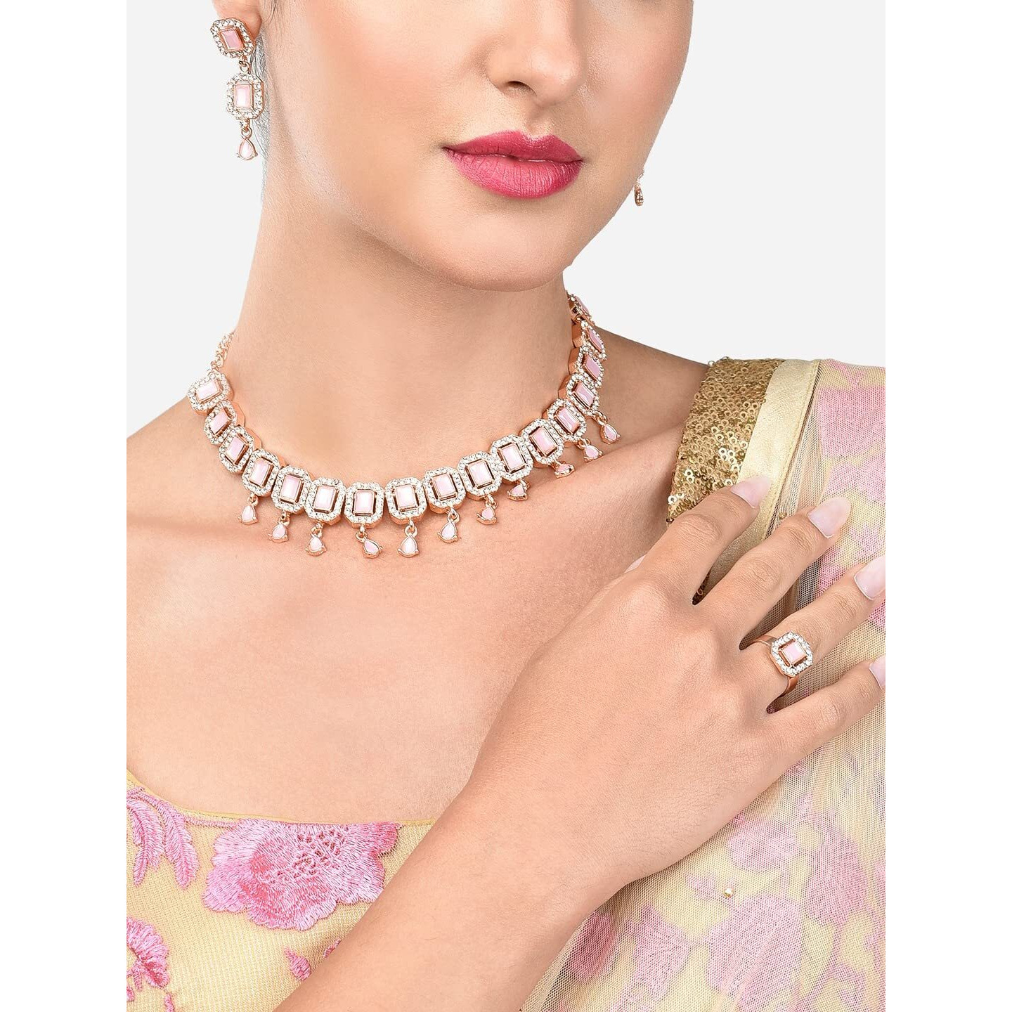 ZAVERI PEARLS Pink Dazzling Stones Sleek Choker Necklace Earring & Ring Set For Women-ZPFK15144