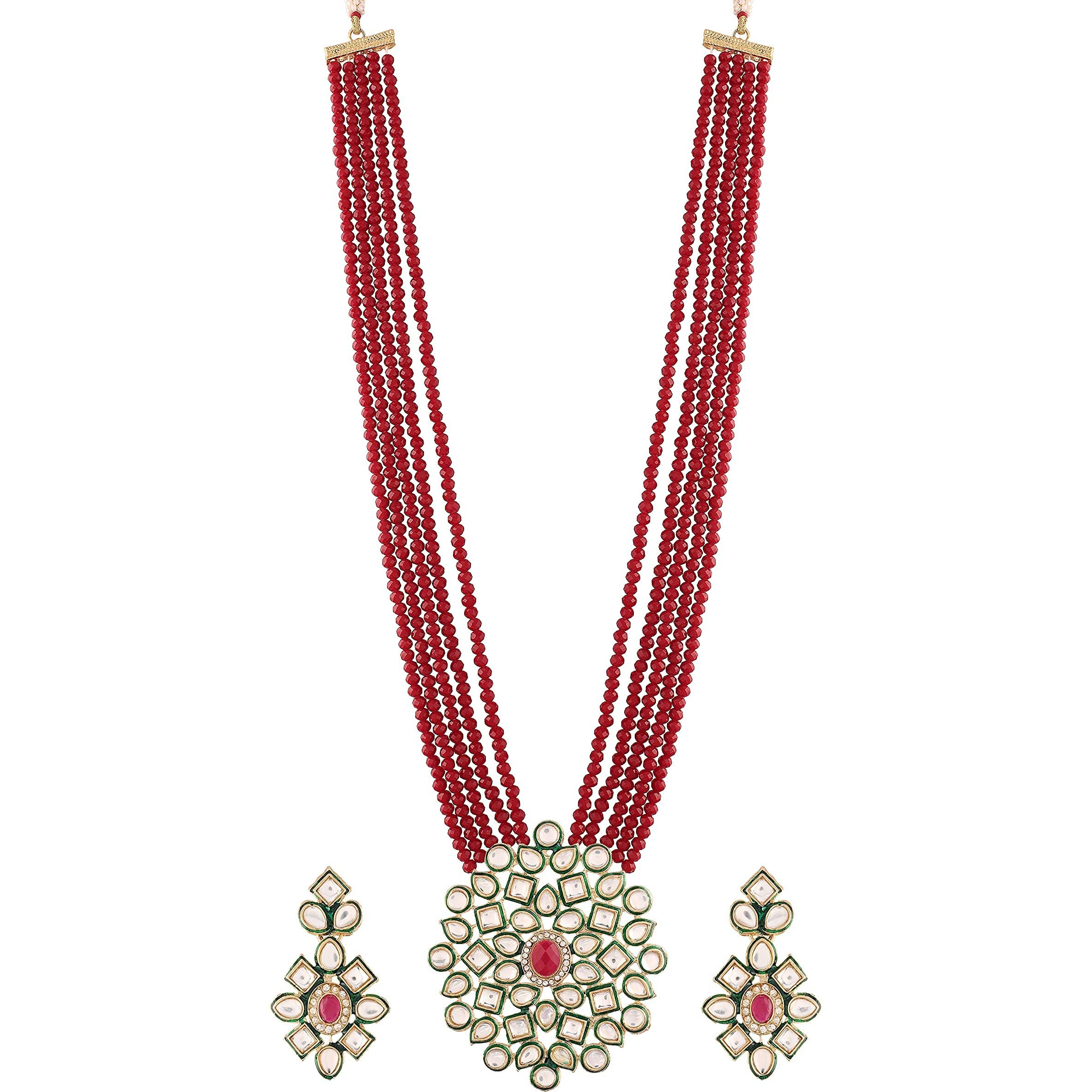 I Jewels 5 Layered Emerald Onyx Crystal Beads Necklace Jewellery Set Glided With Uncut Polki Kundan for Women/Girls (ML269M)
