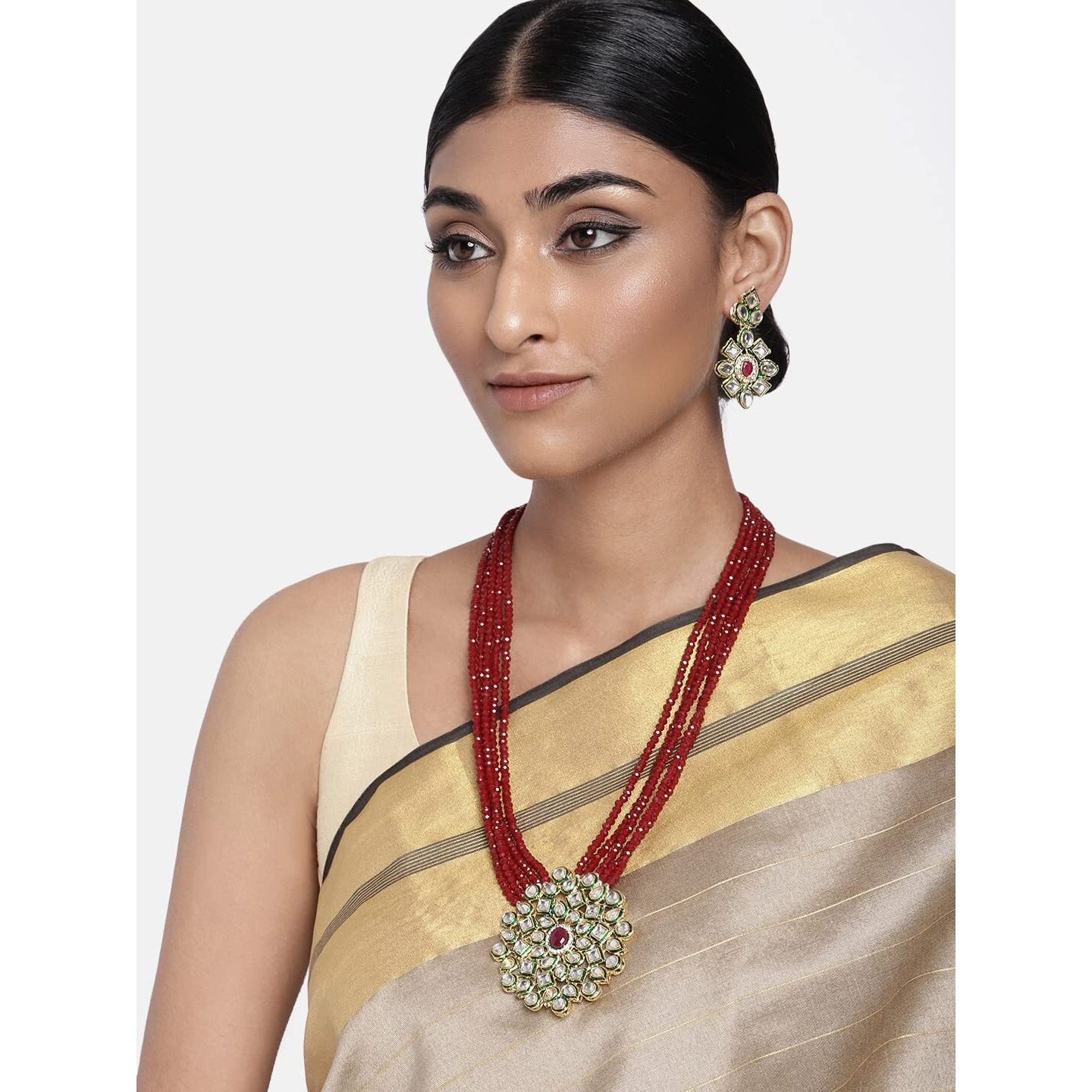 I Jewels 5 Layered Emerald Onyx Crystal Beads Necklace Jewellery Set Glided With Uncut Polki Kundan for Women/Girls (ML269M)