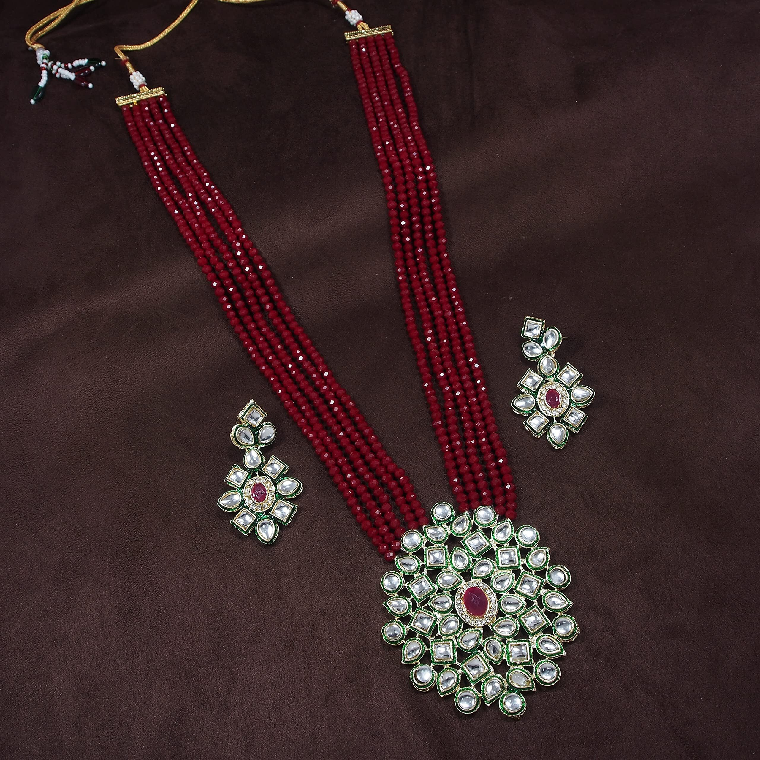 I Jewels 5 Layered Emerald Onyx Crystal Beads Necklace Jewellery Set Glided With Uncut Polki Kundan for Women/Girls (ML269M)