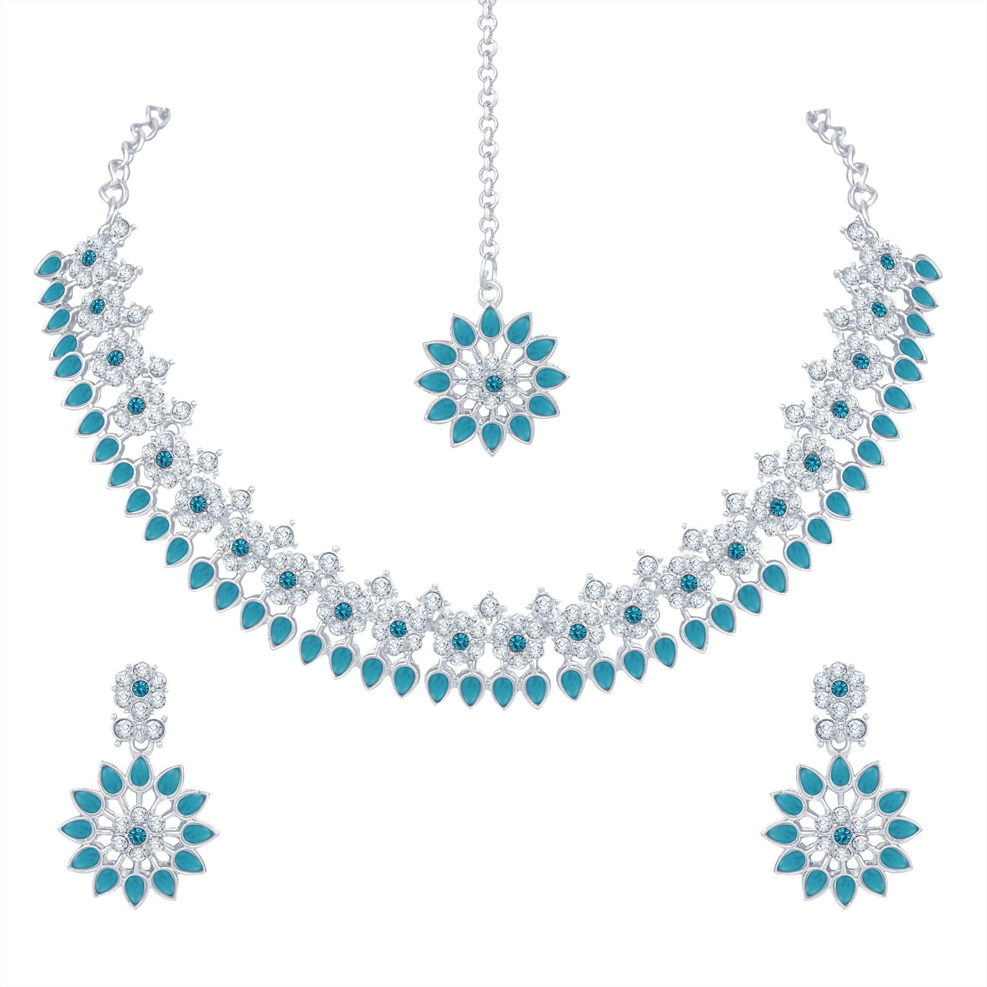 Atasi International Blue Color Silver Plated Crystal Necklace Jewellery Set with Earrings for Women Ideal for Party, Wedding, Festivals (RB5744)