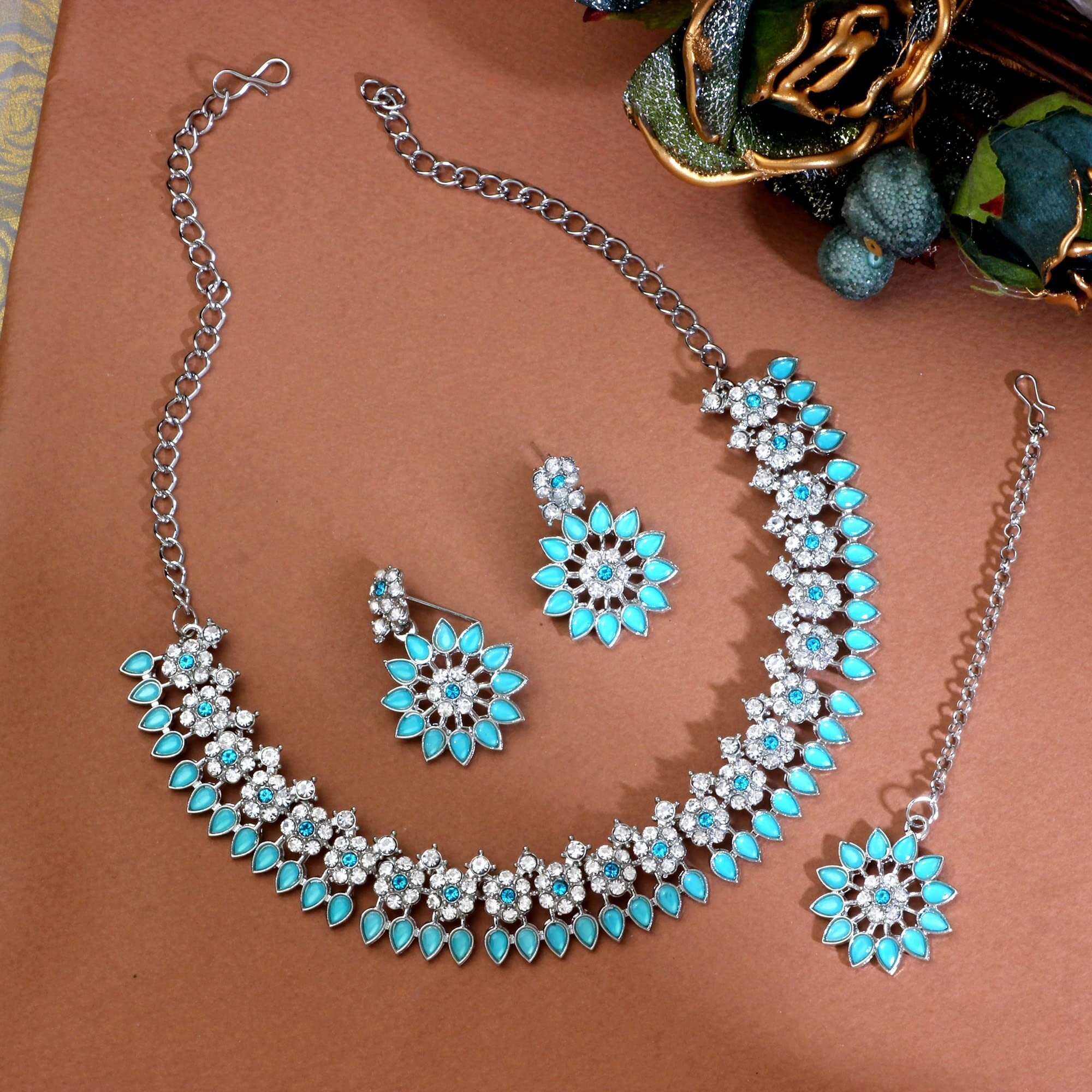 Atasi International Blue Color Silver Plated Crystal Necklace Jewellery Set with Earrings for Women Ideal for Party, Wedding, Festivals (RB5744)