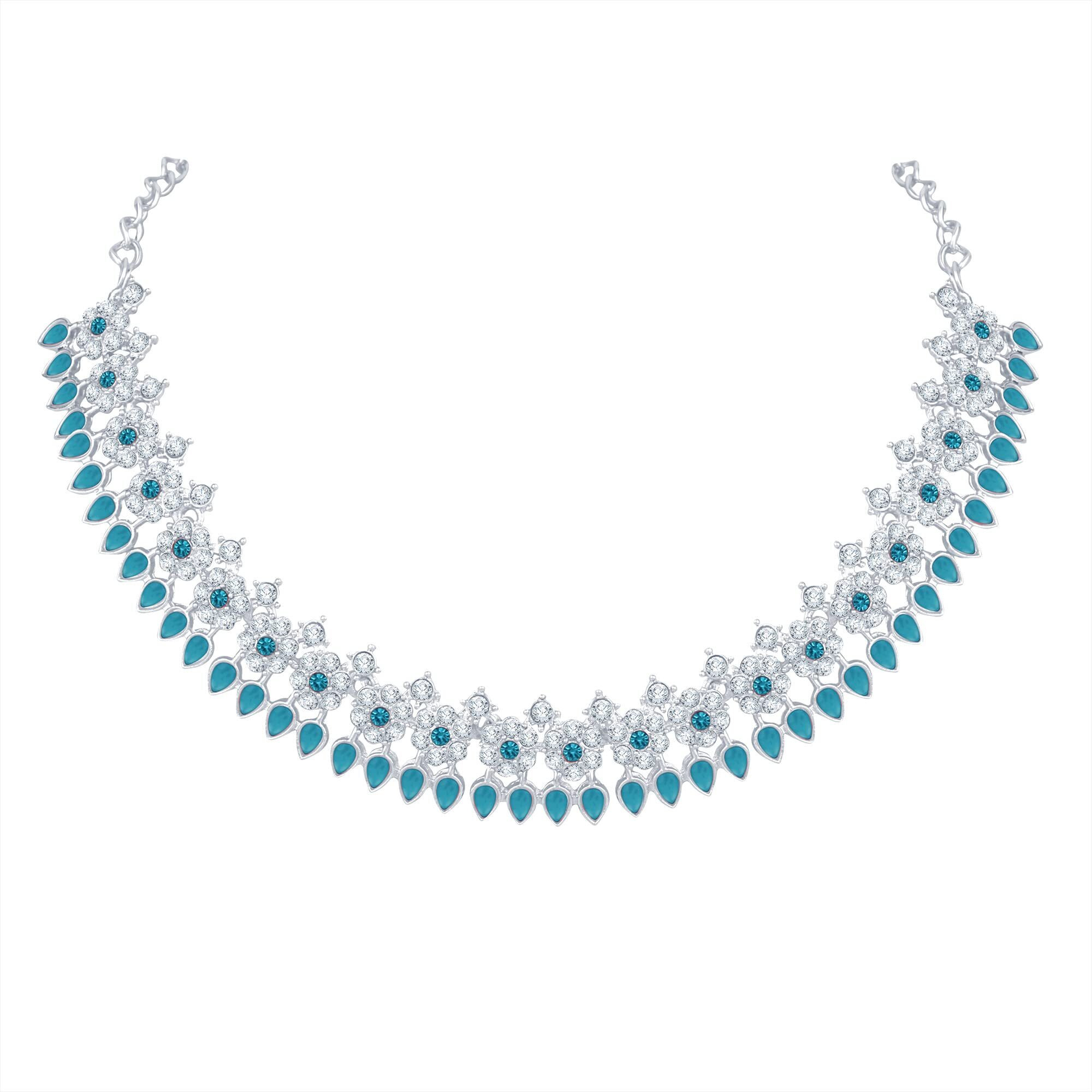 Atasi International Blue Color Silver Plated Crystal Necklace Jewellery Set with Earrings for Women Ideal for Party, Wedding, Festivals (RB5744)