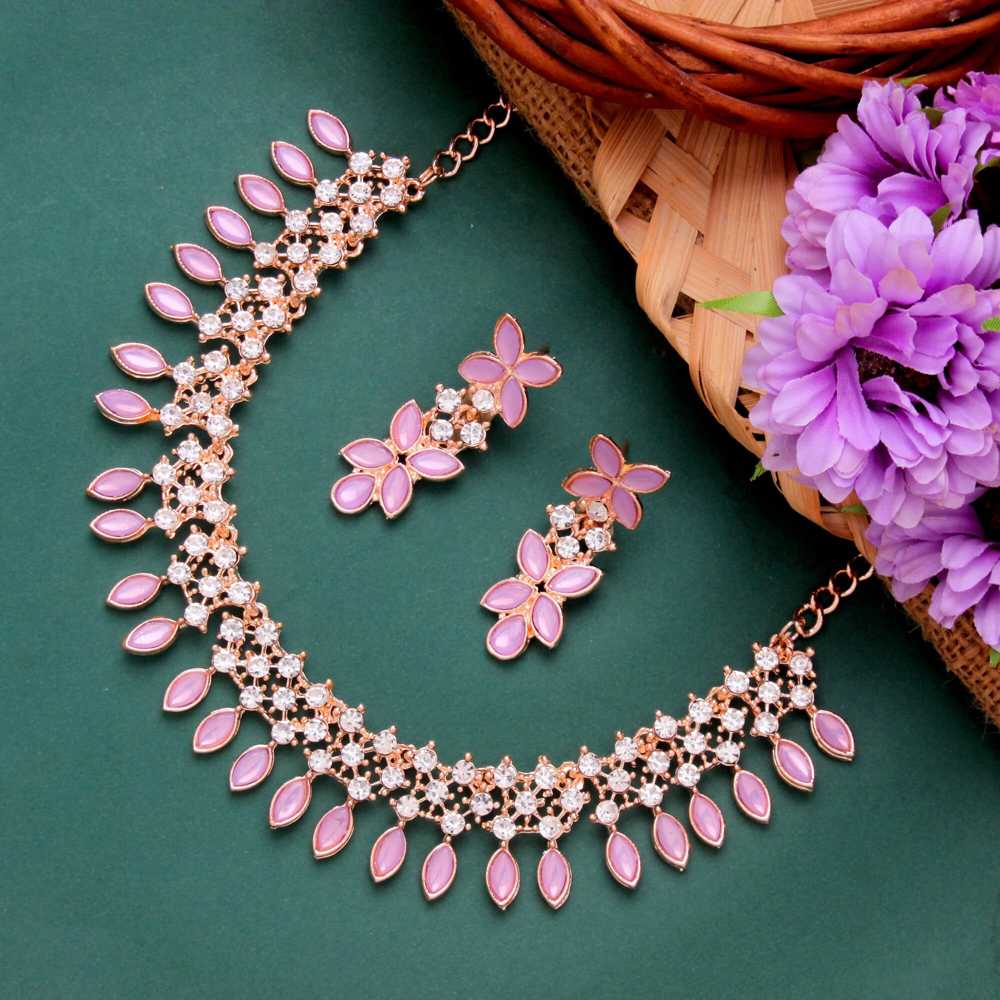 Atasi International Purple Color Crystals Gold Plated Necklace Jewellery Set with Earrings for Women Ideal for Party, Wedding, Festivals (PU5775)