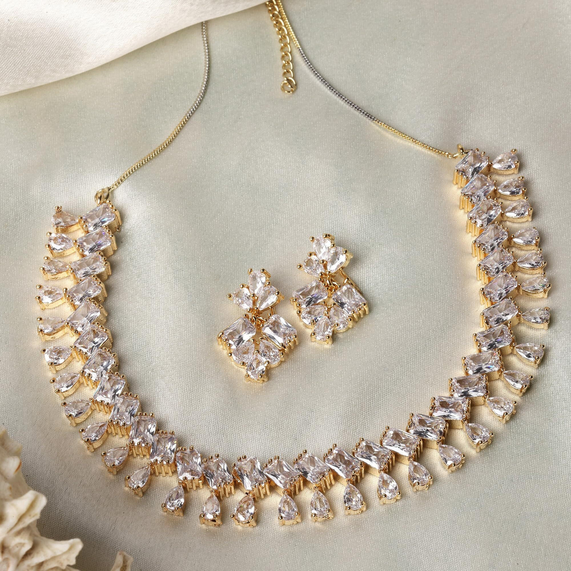 ZENEME Rhodium-Plated Silver Toned Pear Shaped American Diamond Studded Necklace with Earrings Jewellery Set with Girls and Women (White & Gold)