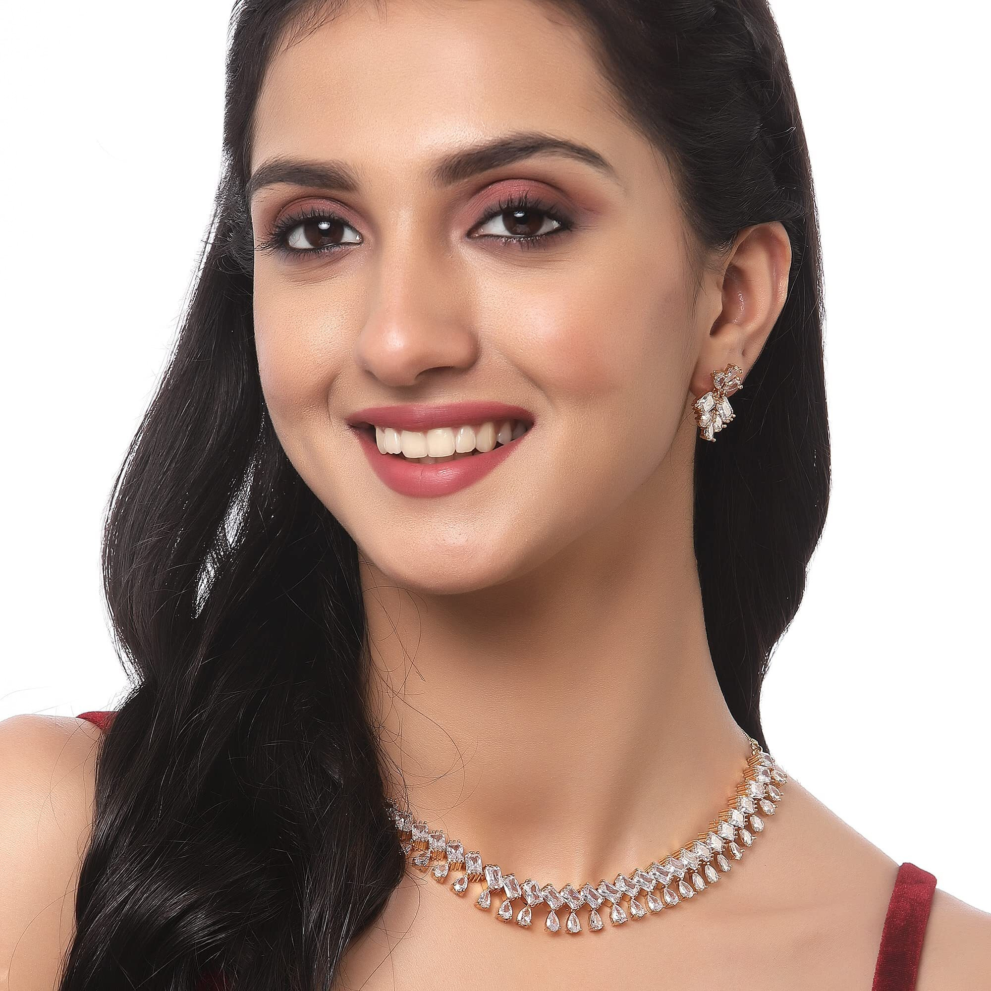 ZENEME Rhodium-Plated Silver Toned Pear Shaped American Diamond Studded Necklace with Earrings Jewellery Set with Girls and Women (White & Gold)
