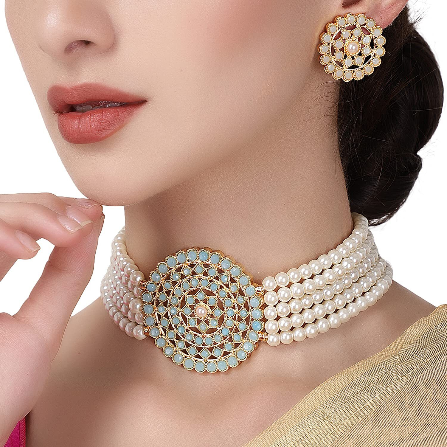 Shining Diva Fashion Latest Choker Design Traditional Stylish Fancy Pearl Necklace Jewellery Set for Women (A12653s), Aqua White, One