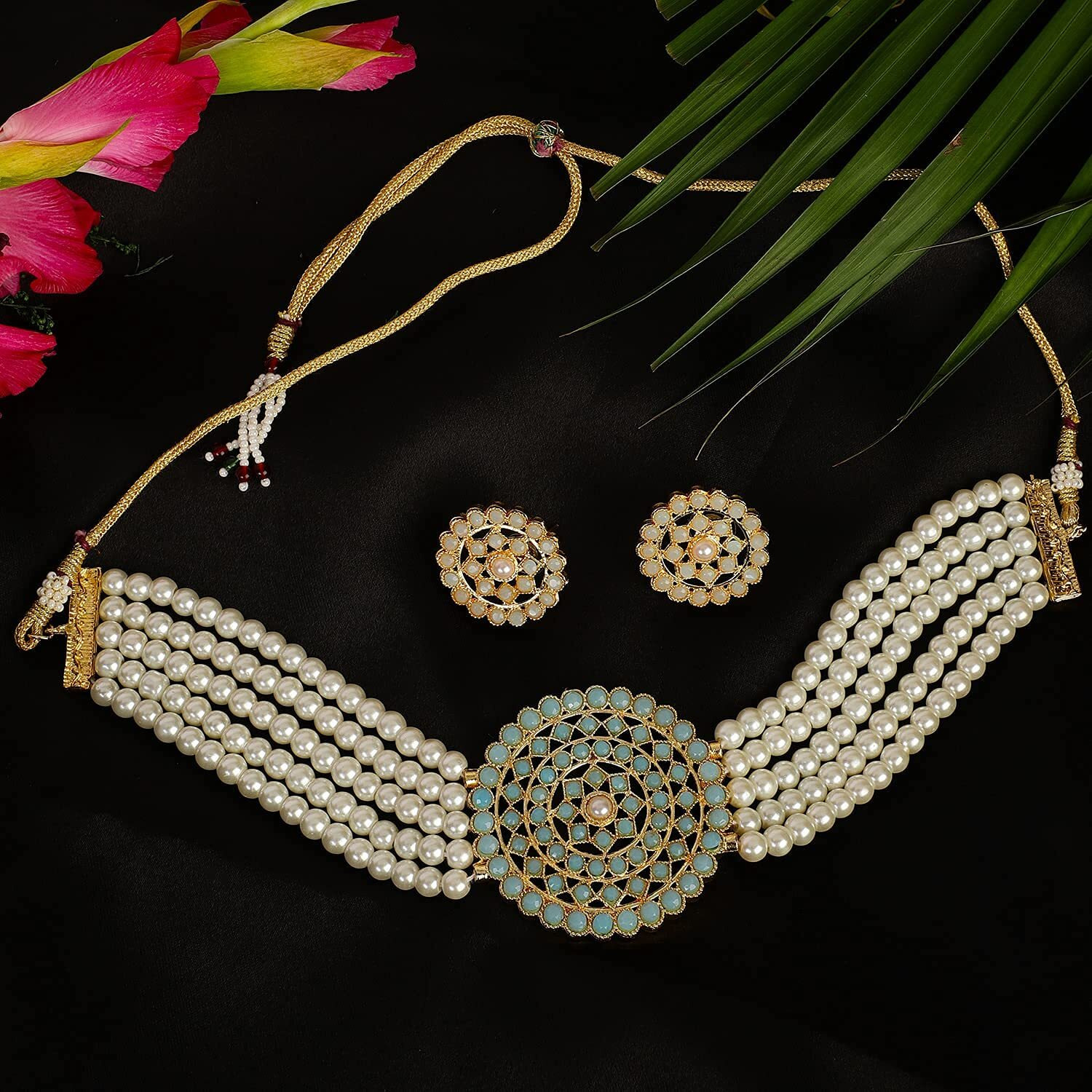 Shining Diva Fashion Latest Choker Design Traditional Stylish Fancy Pearl Necklace Jewellery Set for Women (A12653s), Aqua White, One