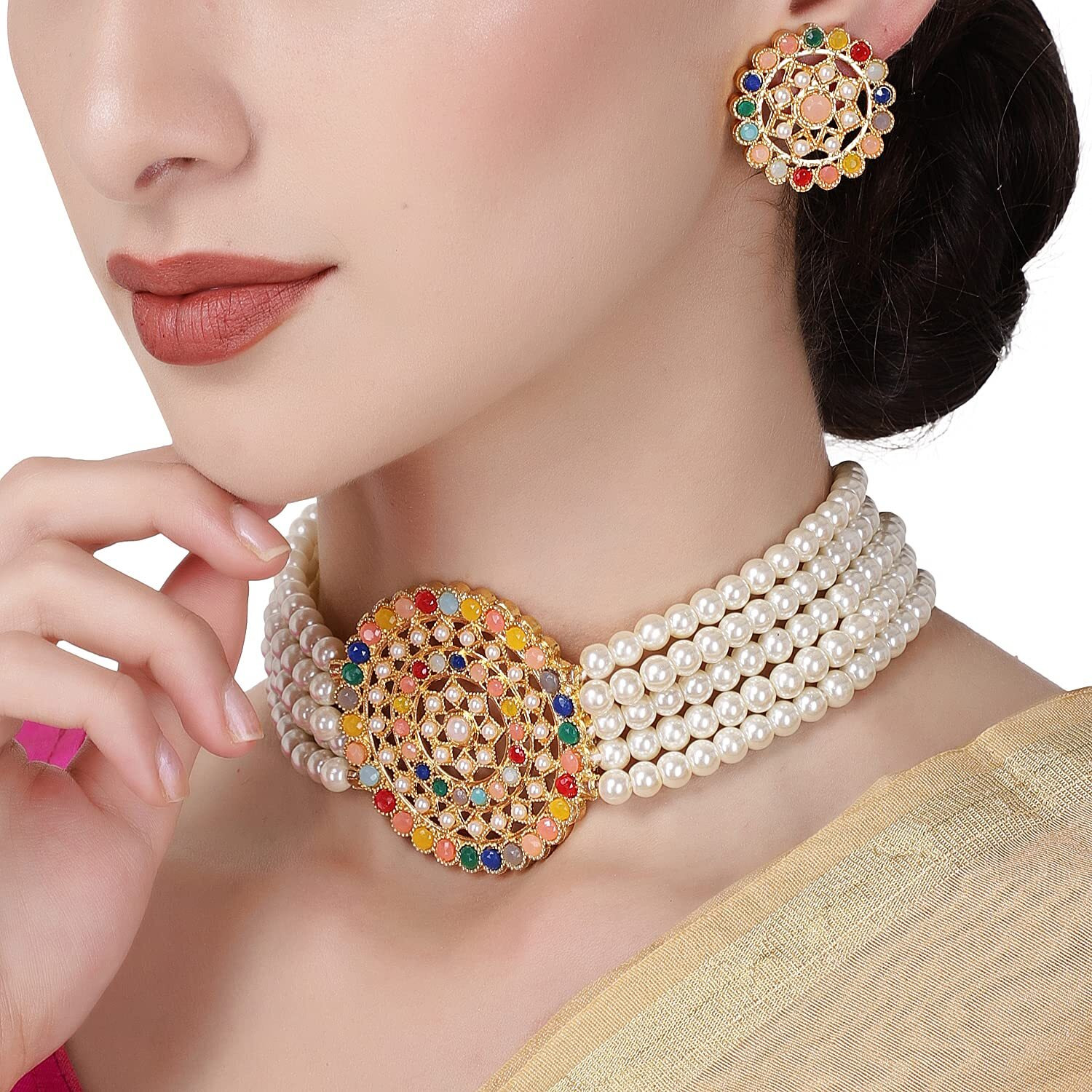 Shining Diva Fashion Latest Choker Design Traditional Stylish Fancy Pearl Necklace Jewellery Set for Women (A12669s), Multi White, One