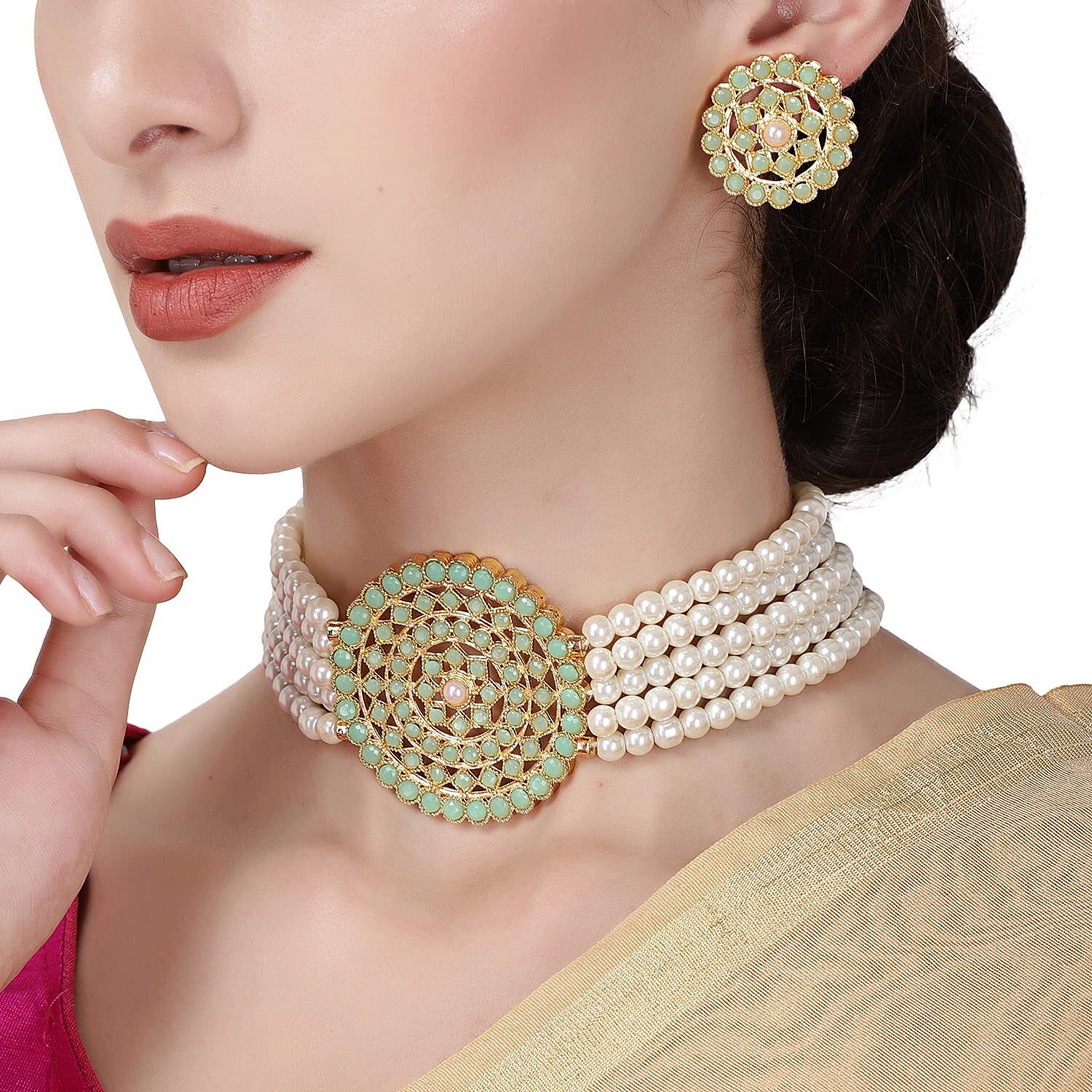 Shining Diva Fashion Latest Choker Design Traditional Stylish Fancy Pearl Necklace Jewellery Set for Women (A12665s), Lime White, One