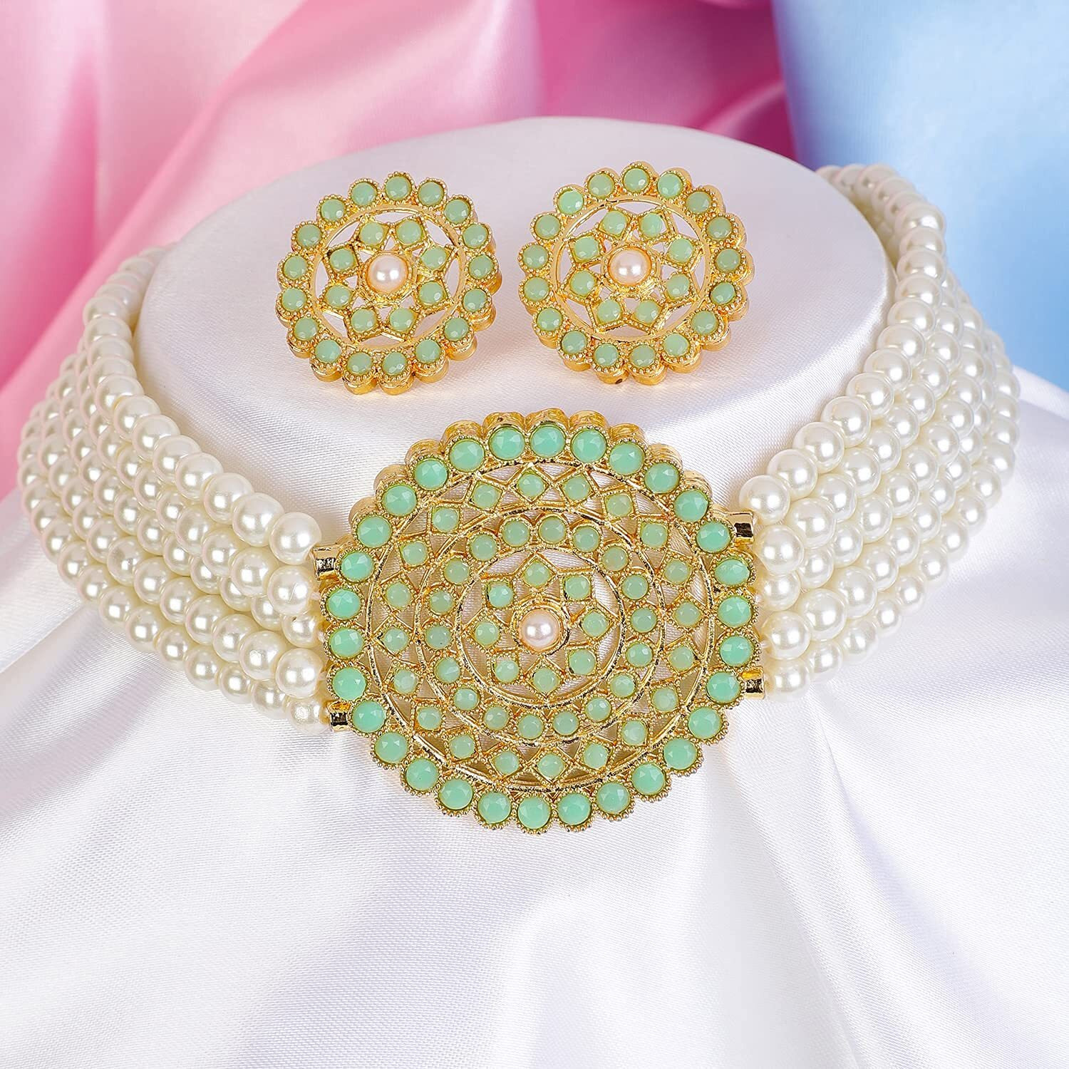Shining Diva Fashion Latest Choker Design Traditional Stylish Fancy Pearl Necklace Jewellery Set for Women (A12665s), Lime White, One