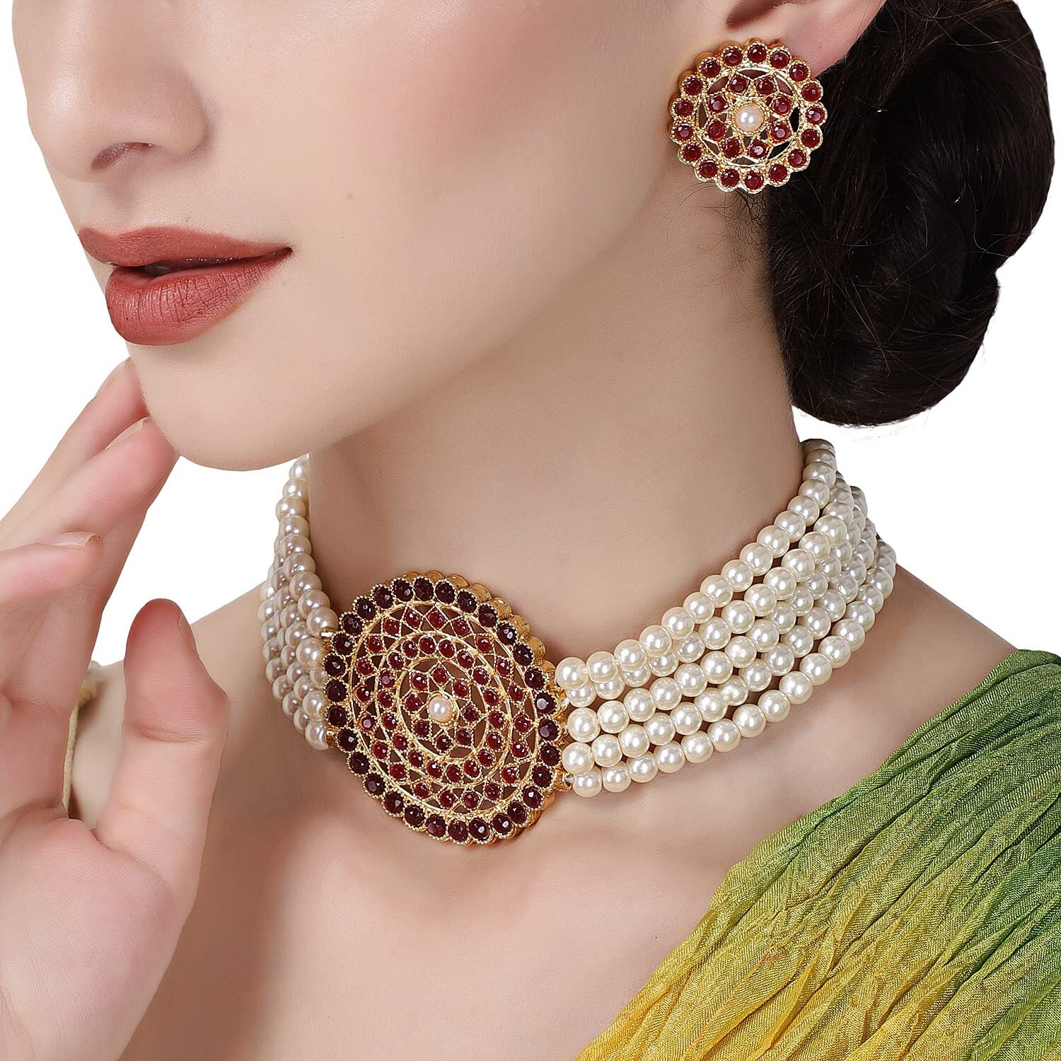 Shining Diva Fashion Latest Choker Design Traditional Stylish Fancy Pearl Necklace Jewellery Set for Women (A12664s), Maroon White, One