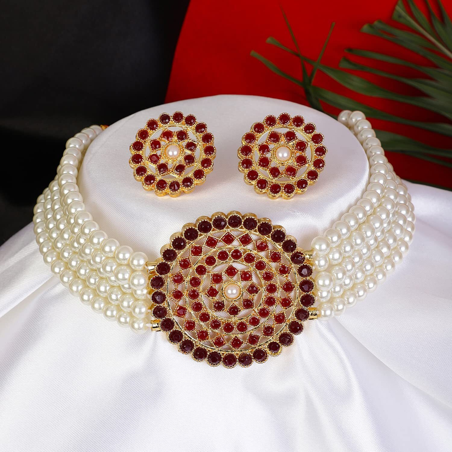 Shining Diva Fashion Latest Choker Design Traditional Stylish Fancy Pearl Necklace Jewellery Set for Women (A12664s), Maroon White, One