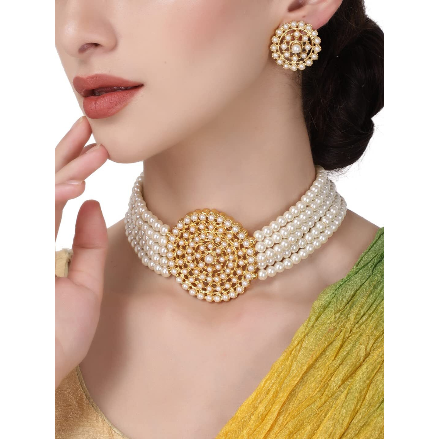 Shining Diva Fashion Latest Choker Design Traditional Stylish Fancy Pearl Necklace Jewellery Set for Women (A12082s), White, One