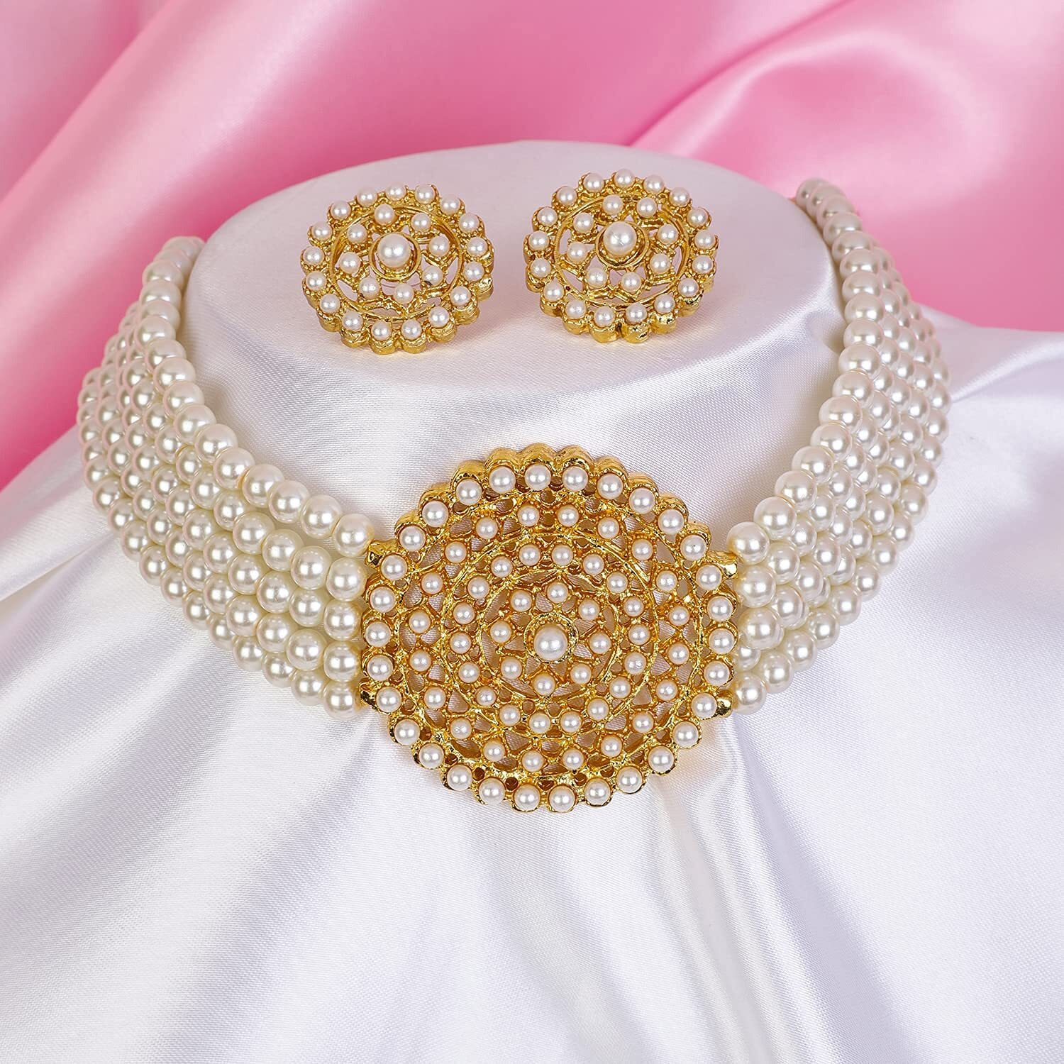 Shining Diva Fashion Latest Choker Design Traditional Stylish Fancy Pearl Necklace Jewellery Set for Women (A12082s), White, One
