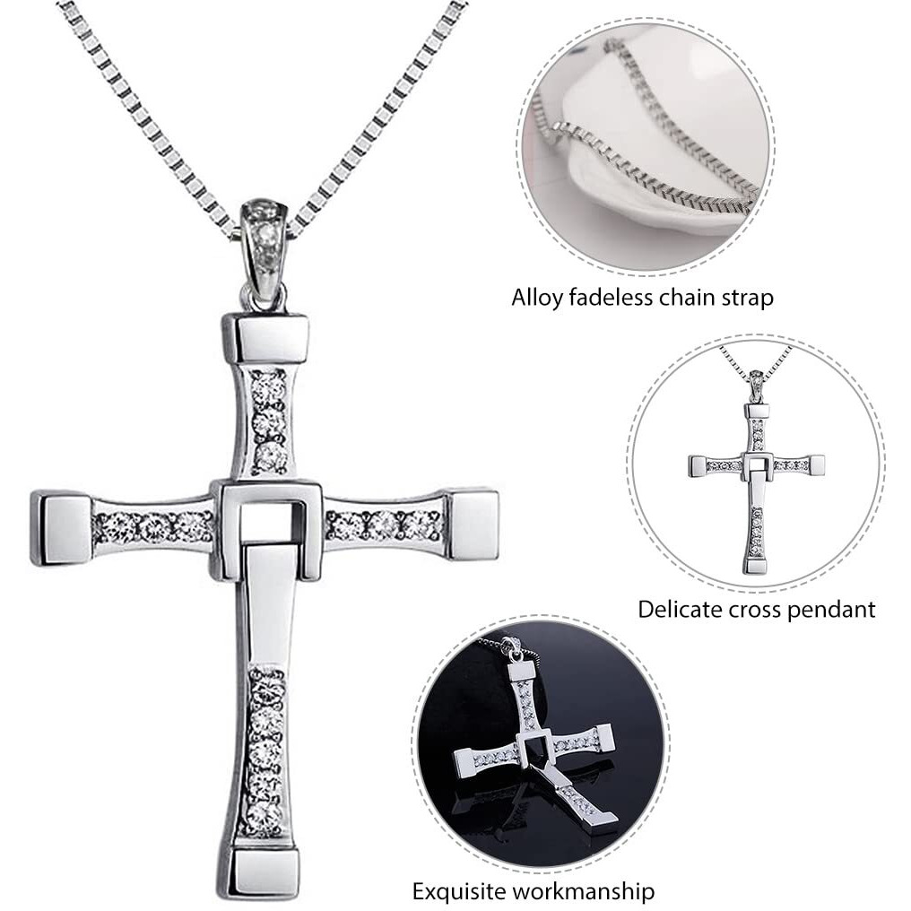 ZIBUYU Cross Necklace for Men Dominic Torettos Cross Pendant Necklace The Fast and the Furious Titanium Steel Cross Neck Pendant Jewelry for Men and Boys (Silver)