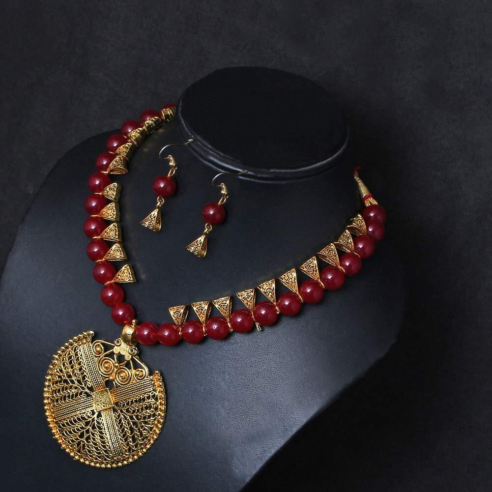 Shining Diva Fashion Latest Antique Design Stylish Necklace Set For Women Wedding Traditional Jewellery Set for Women (Red) (10469s)