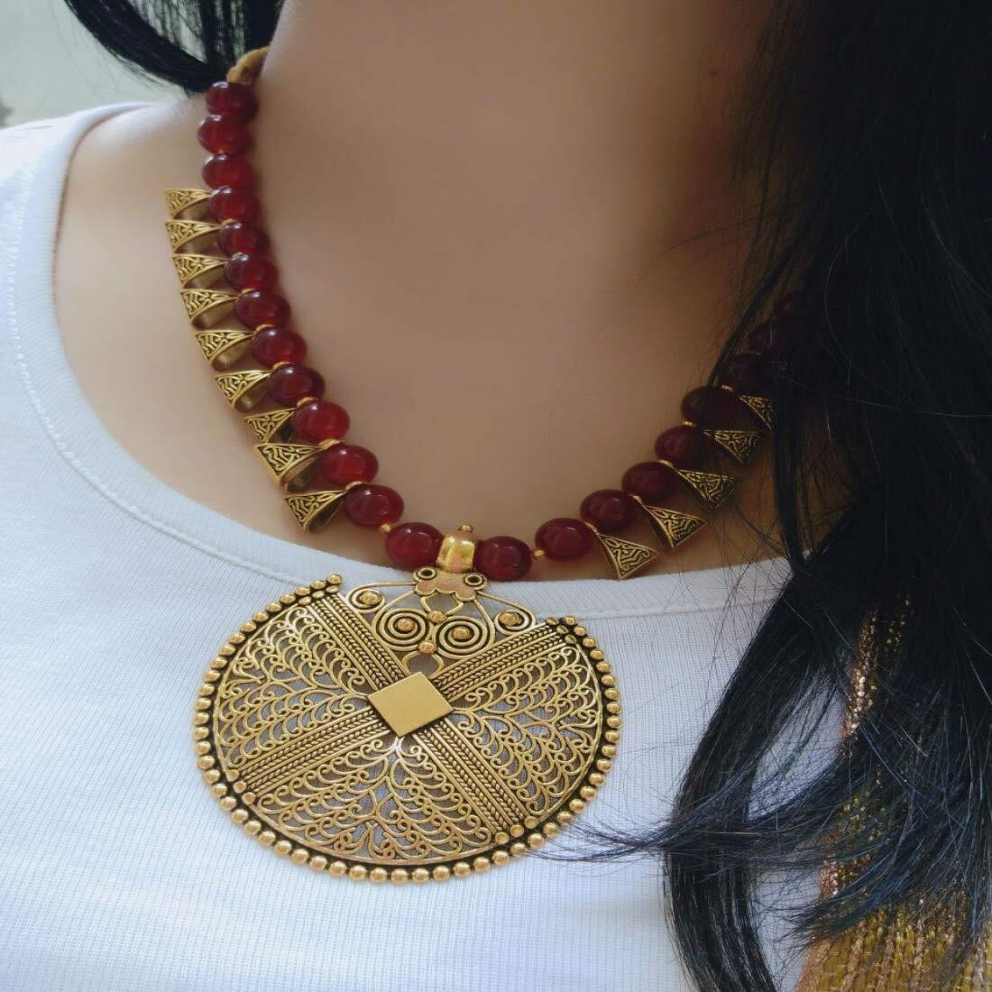 Shining Diva Fashion Latest Antique Design Stylish Necklace Set For Women Wedding Traditional Jewellery Set for Women (Red) (10469s)