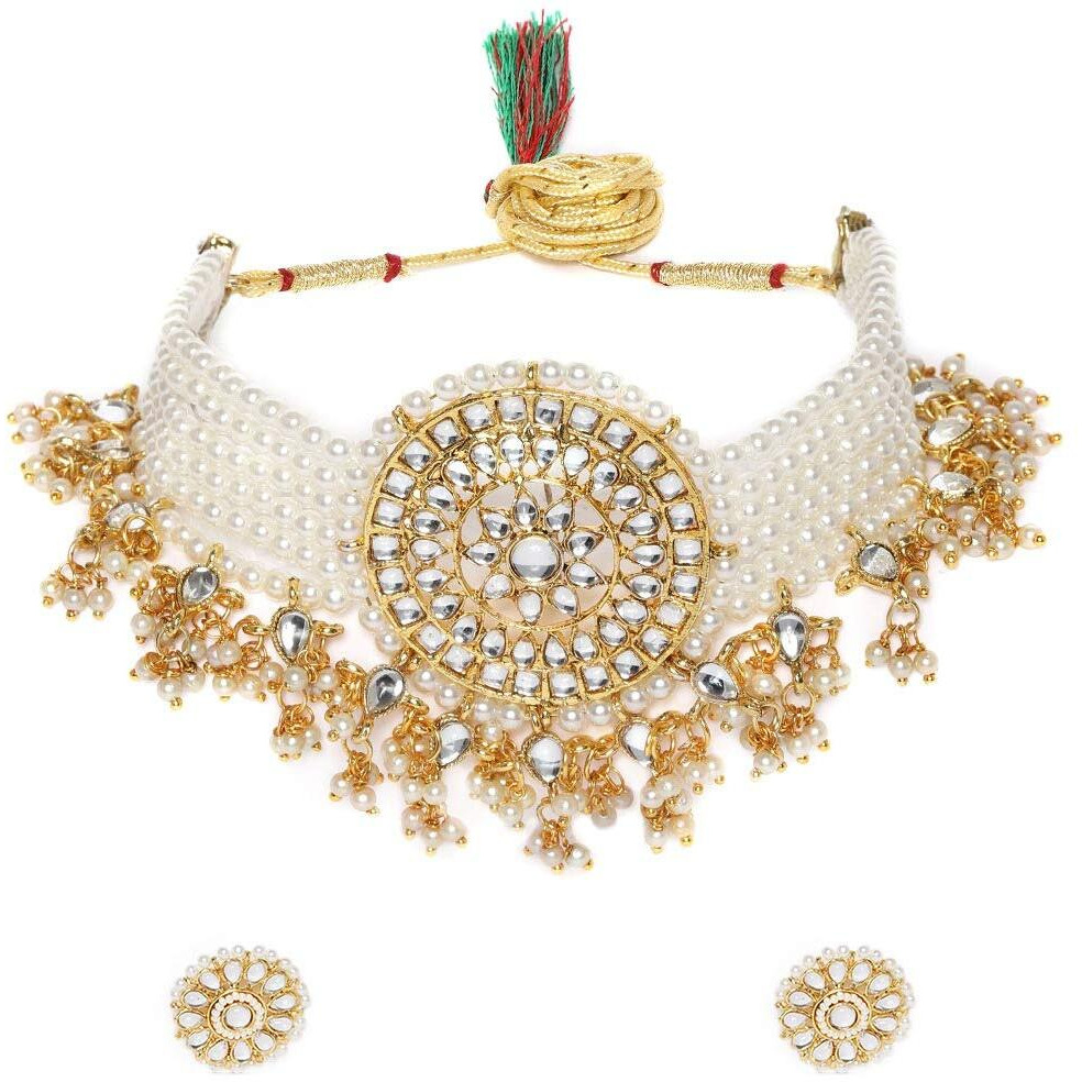 ZAVERI PEARLS Gold Tone Kundan & MultiStrand Pearls Choker Necklace & Earring Set For Women-ZPFK9805