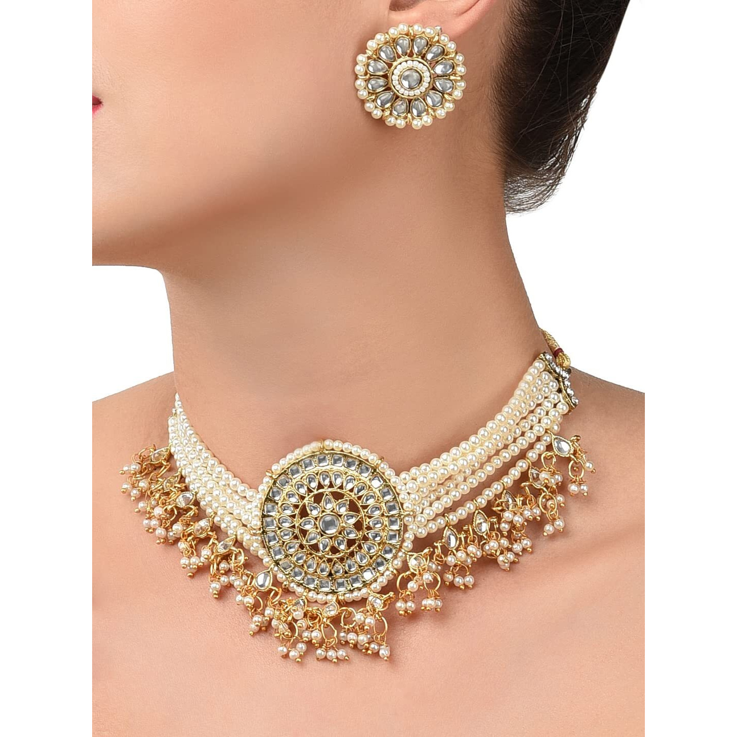 ZAVERI PEARLS Gold Tone Kundan & MultiStrand Pearls Choker Necklace & Earring Set For Women-ZPFK9805