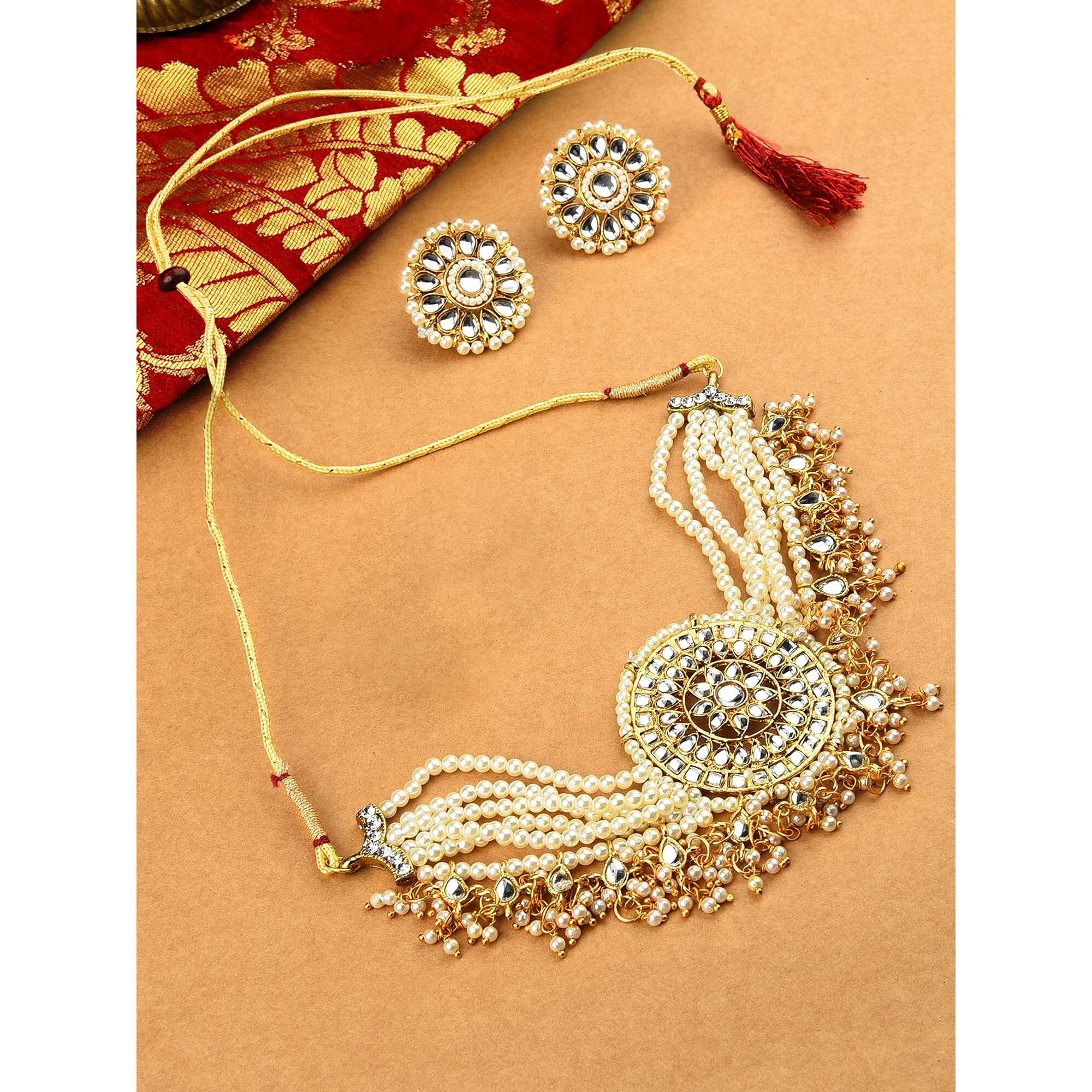 ZAVERI PEARLS Gold Tone Kundan & MultiStrand Pearls Choker Necklace & Earring Set For Women-ZPFK9805