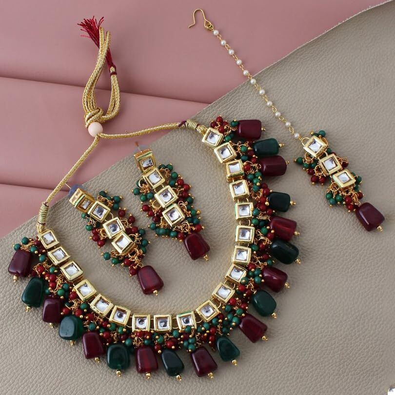 LUCKY JEWELLERY Back Meenakari 18k Gold Plated Multicolor Square Shape Tika Earring Combo Jewellery Set Uncut Kundan Big Faux Kundan Dibbi Kundan Choker Necklace Set for Girls & Women