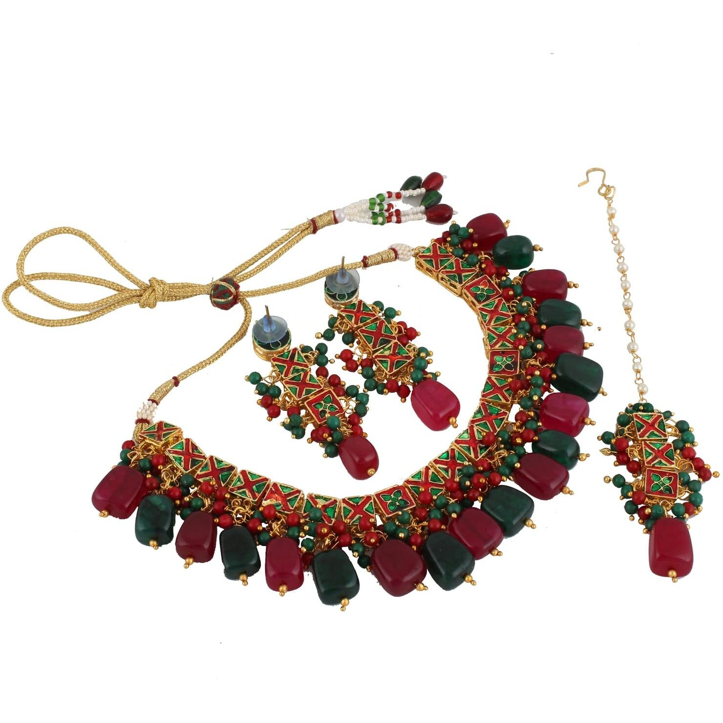 LUCKY JEWELLERY Back Meenakari 18k Gold Plated Multicolor Square Shape Tika Earring Combo Jewellery Set Uncut Kundan Big Faux Kundan Dibbi Kundan Choker Necklace Set for Girls & Women