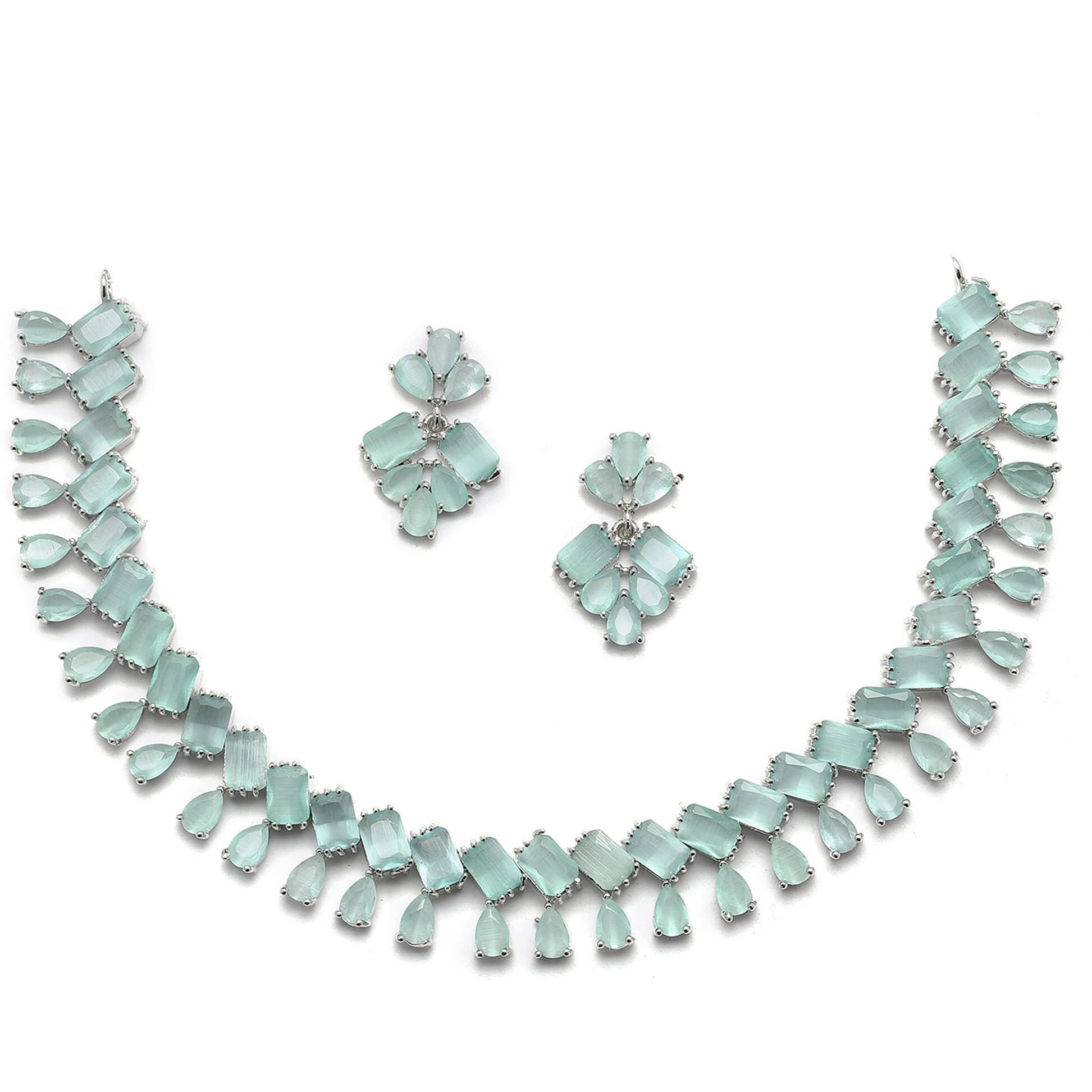ZENEME Rhodium-Plated Silver Toned Pear Shaped American Diamond Studded Necklace with Earrings Jewellery Set with Girls and Women (Lime Green)