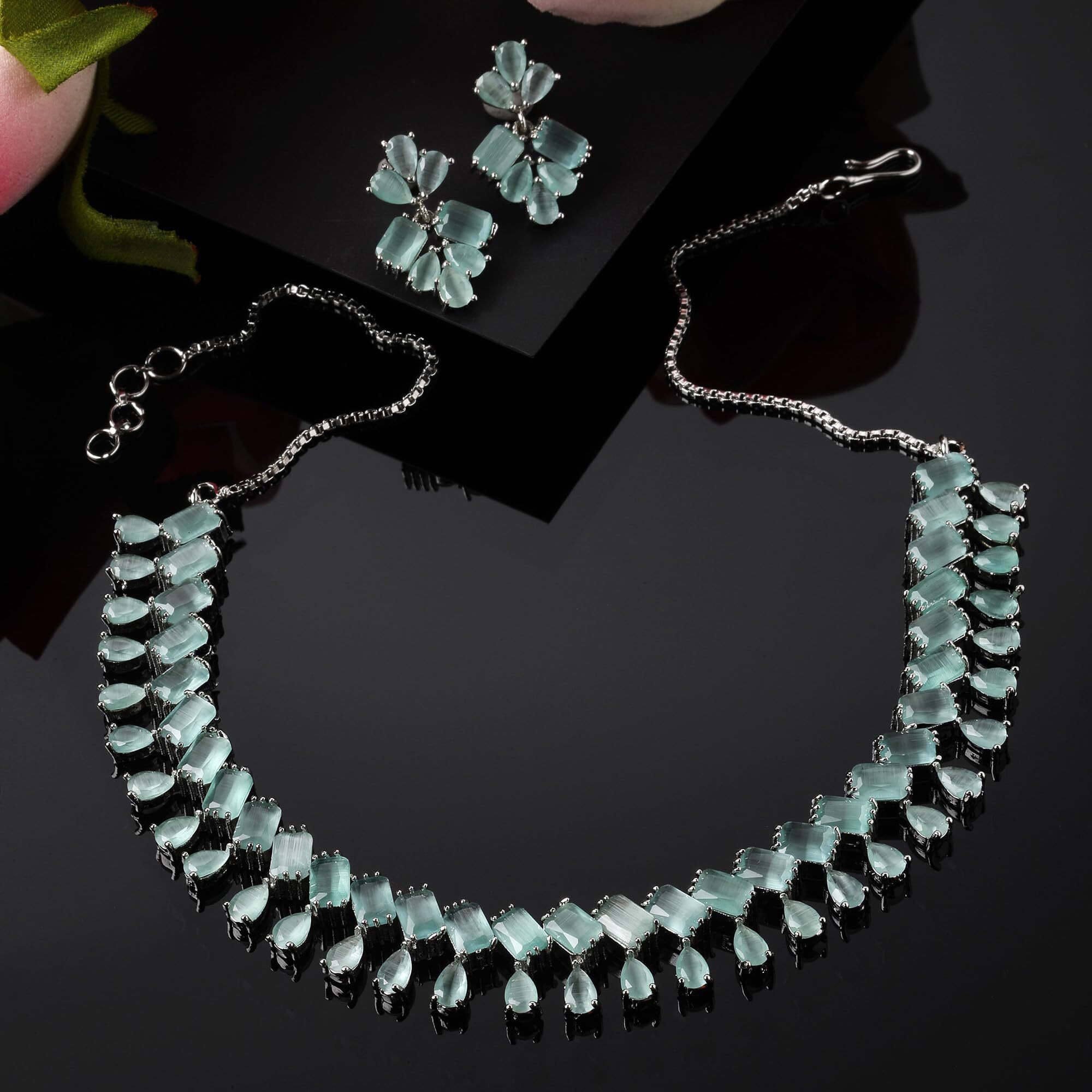 ZENEME Rhodium-Plated Silver Toned Pear Shaped American Diamond Studded Necklace with Earrings Jewellery Set with Girls and Women (Lime Green)