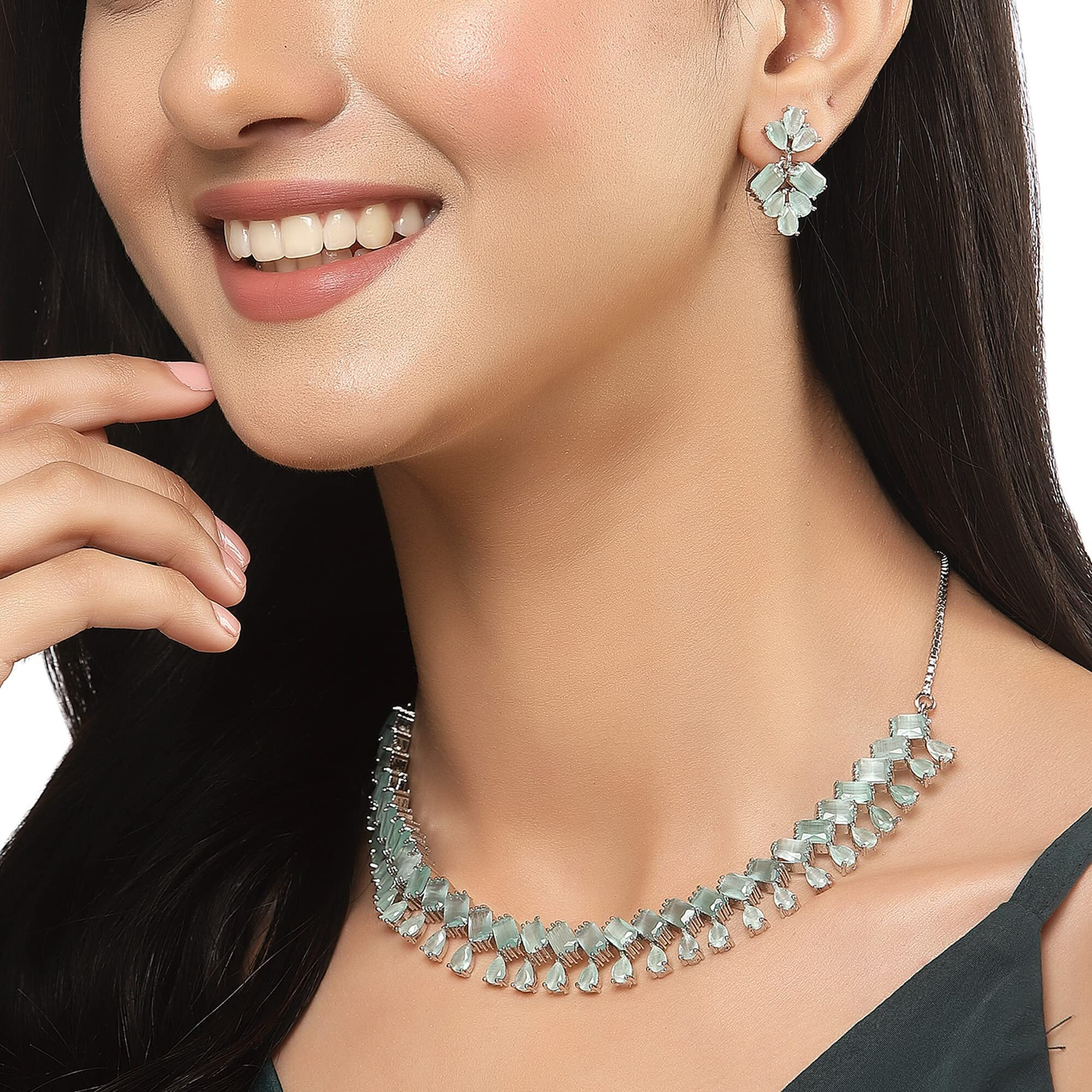 ZENEME Rhodium-Plated Silver Toned Pear Shaped American Diamond Studded Necklace with Earrings Jewellery Set with Girls and Women (Lime Green)